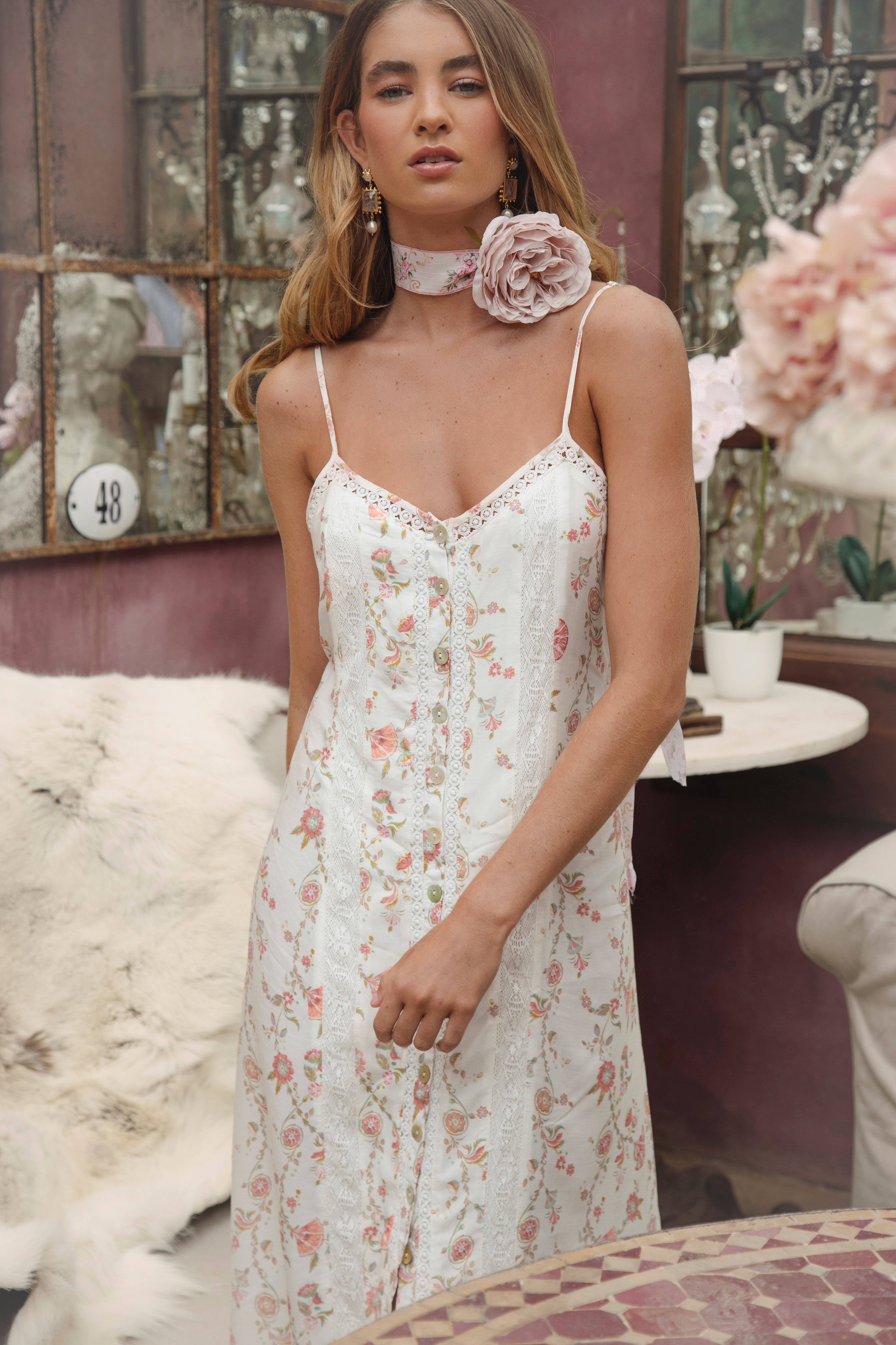 Antoinette Slip Dress Delilah - featuring delicate lace trim