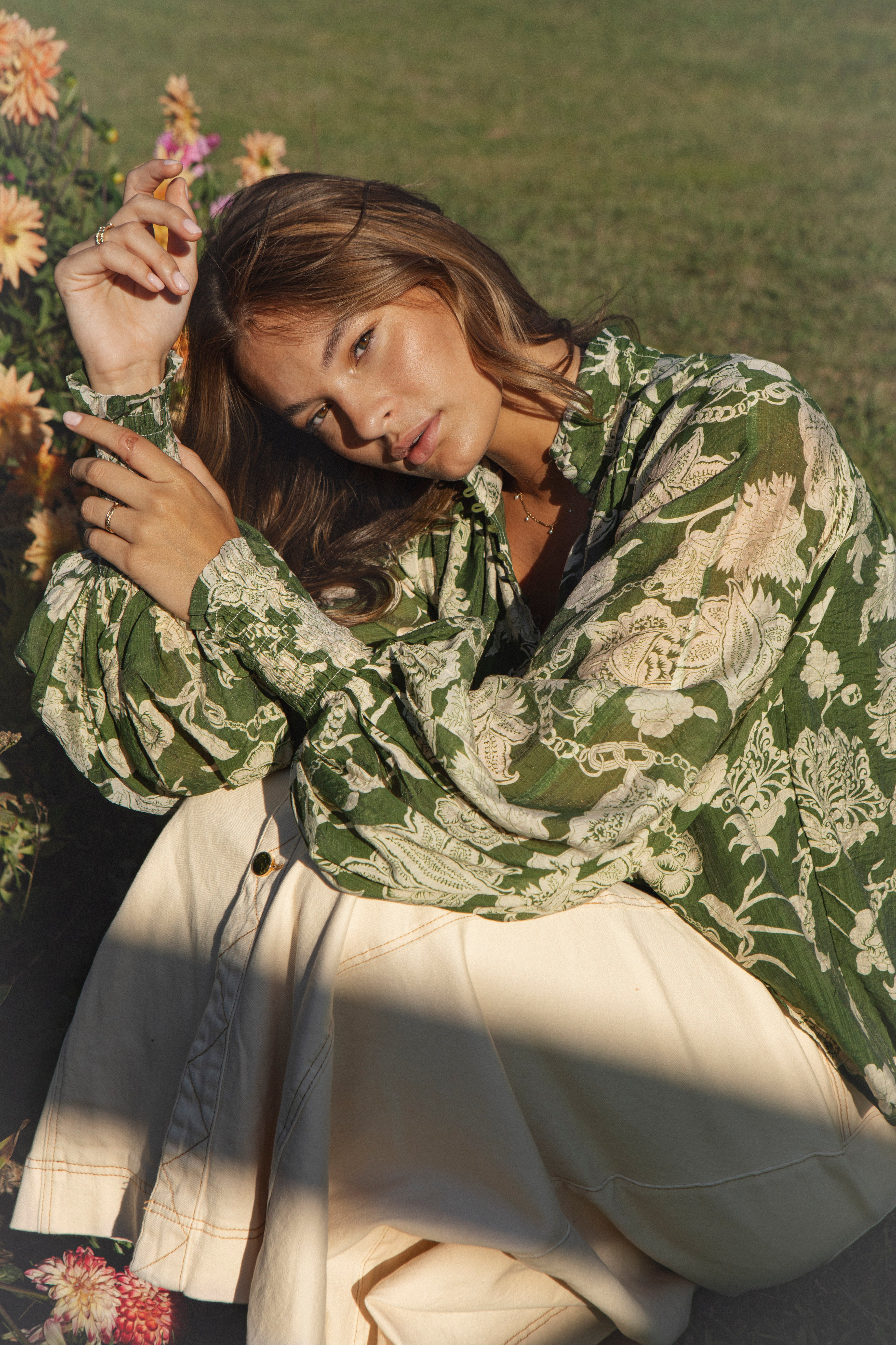 Aurora Blouse Evergreen showcaasing shirred cuff