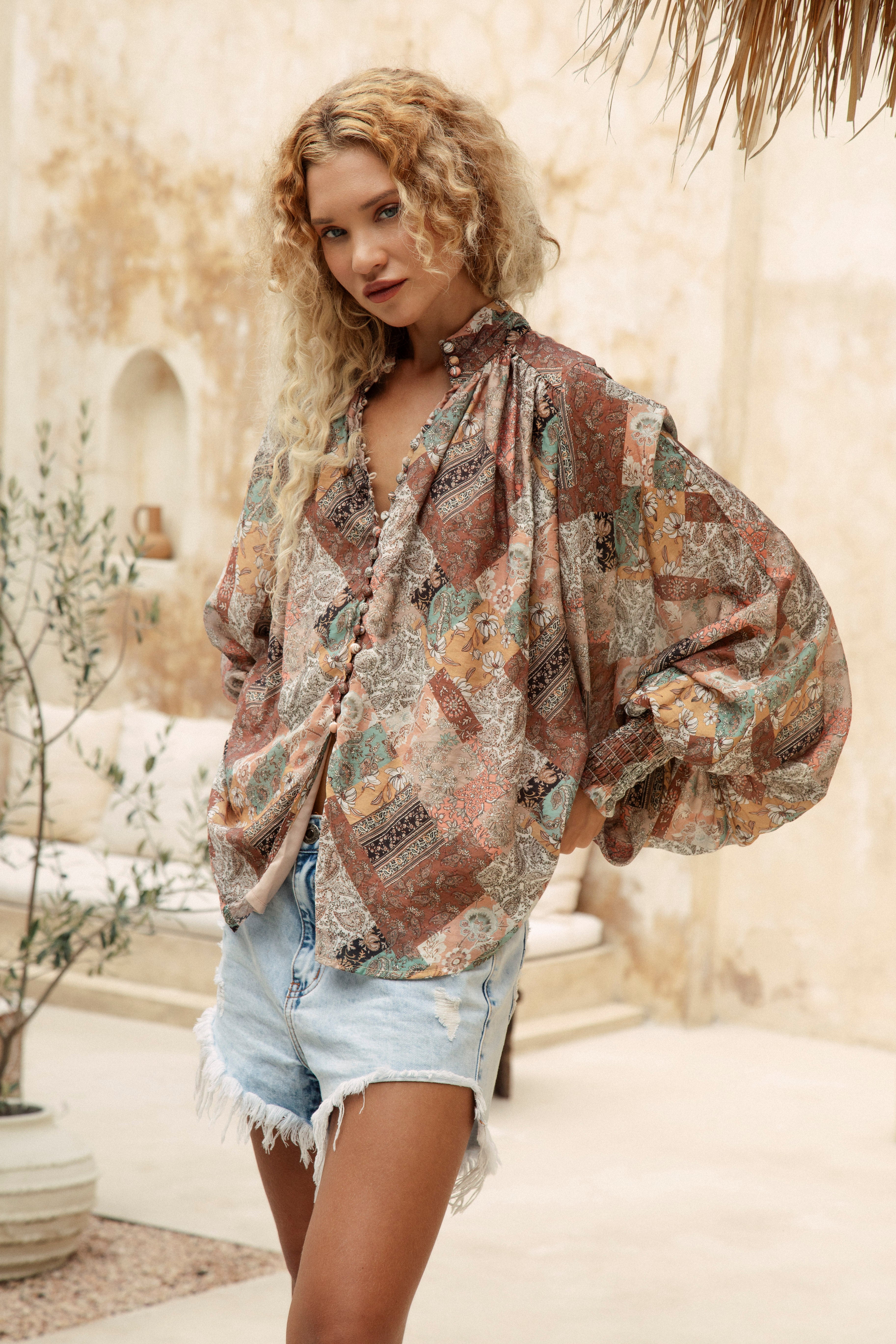 Aurora Blouse - Wanderfolk features a classic Boho pattern in rustic hues