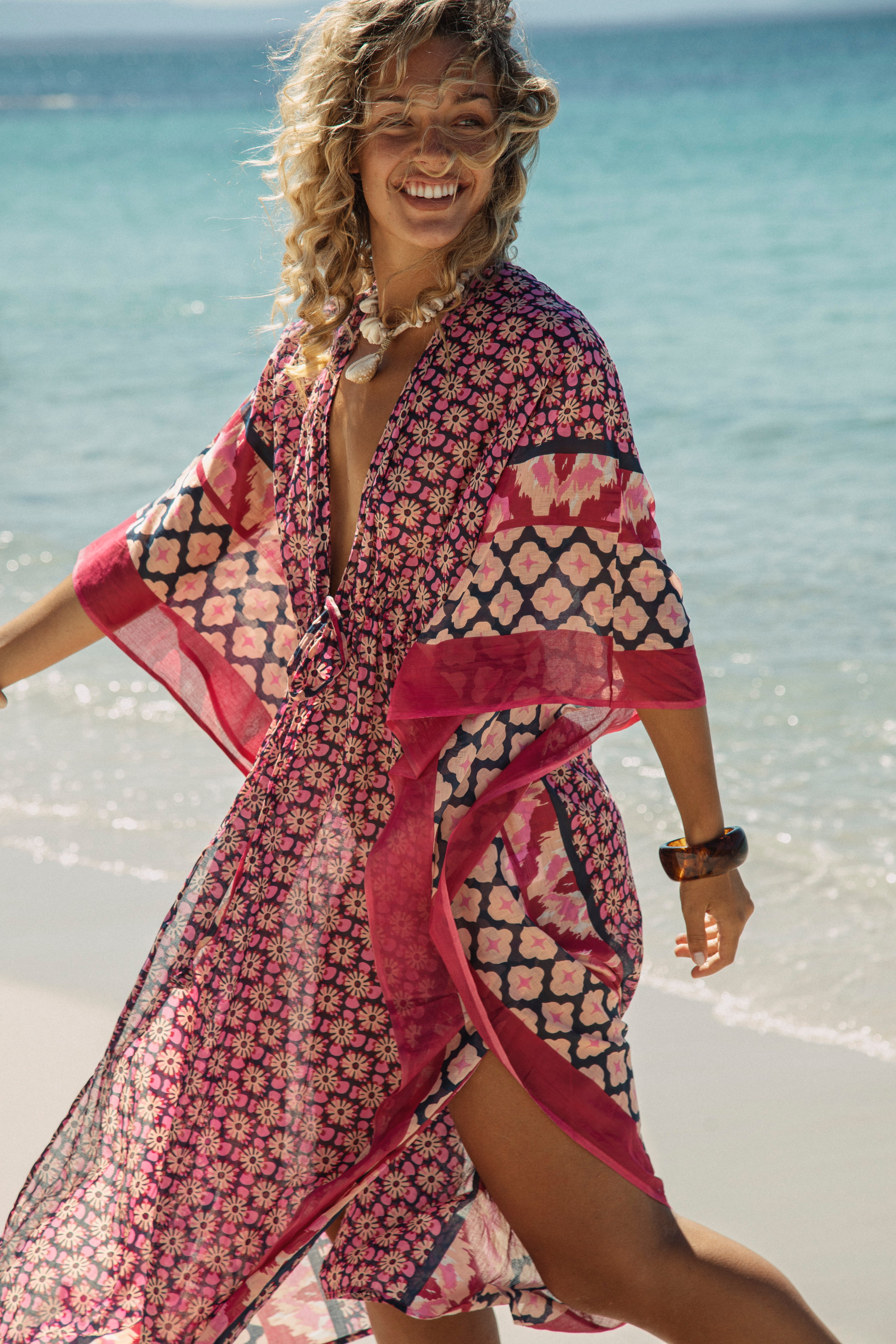 Azra Kaftan Lavela features Boho inspired geometric print