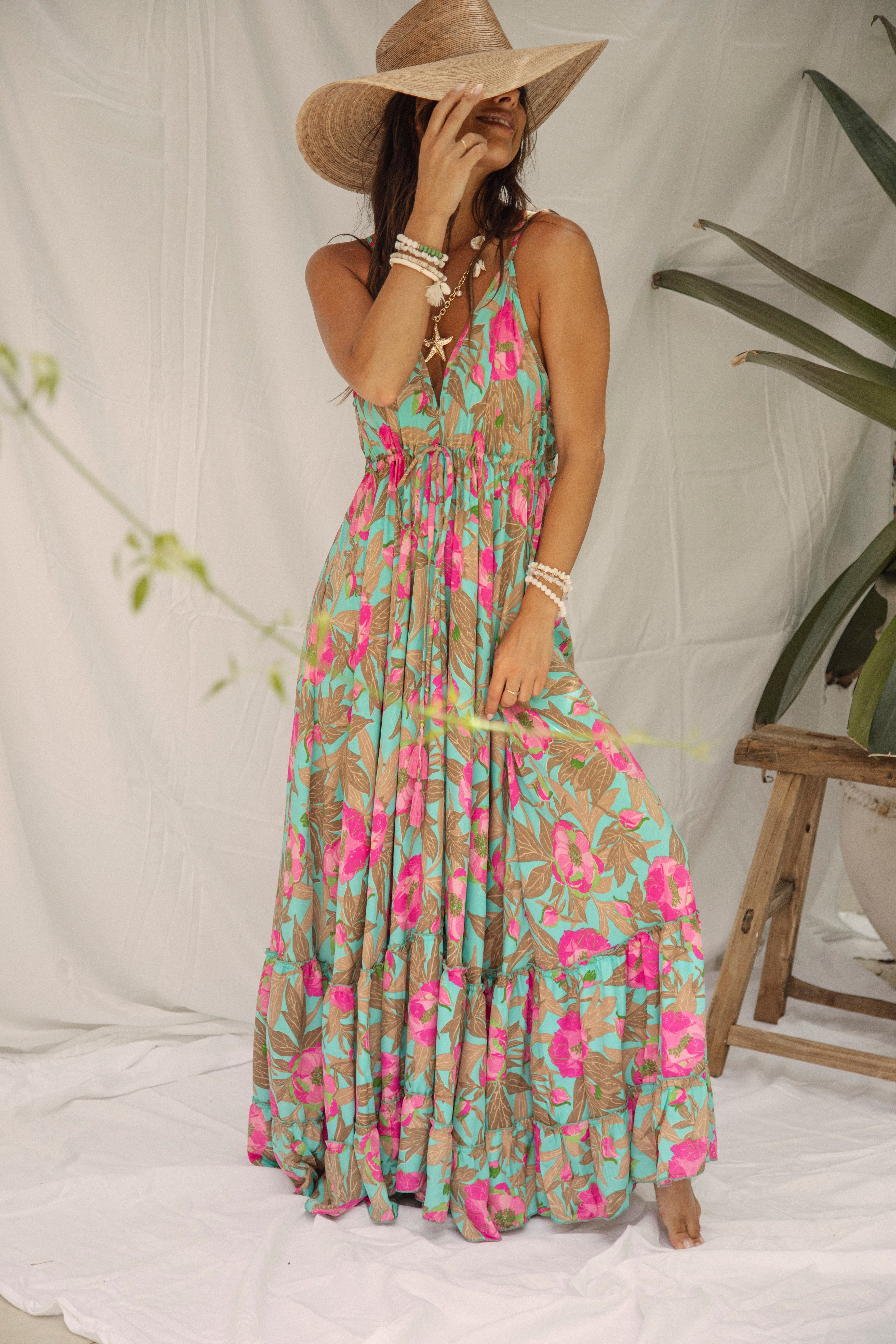 Enya Maxi Dress Peon print on aqua colourway