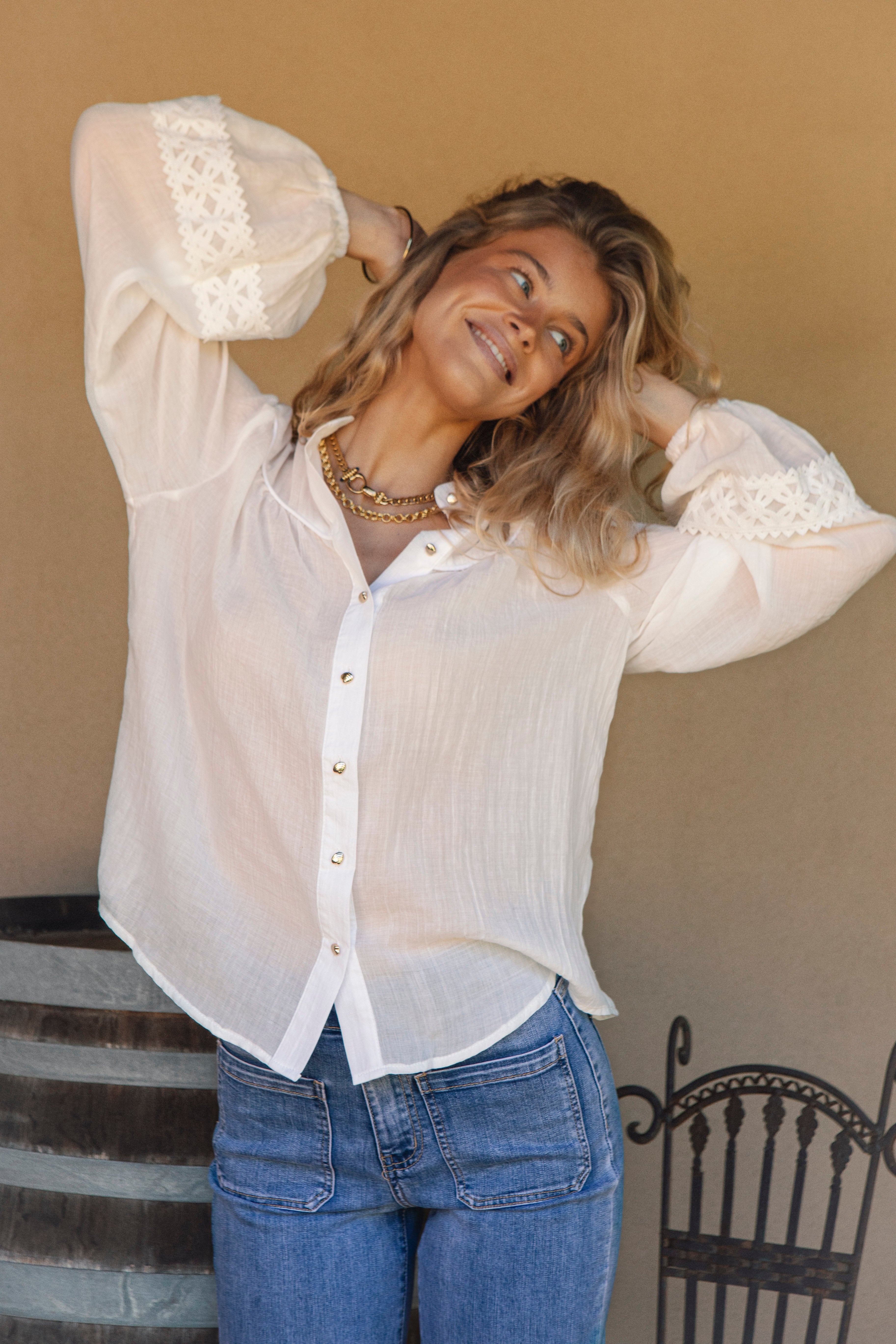 Highland Drifter Blouse - white blouse with lace detail on sleeve
