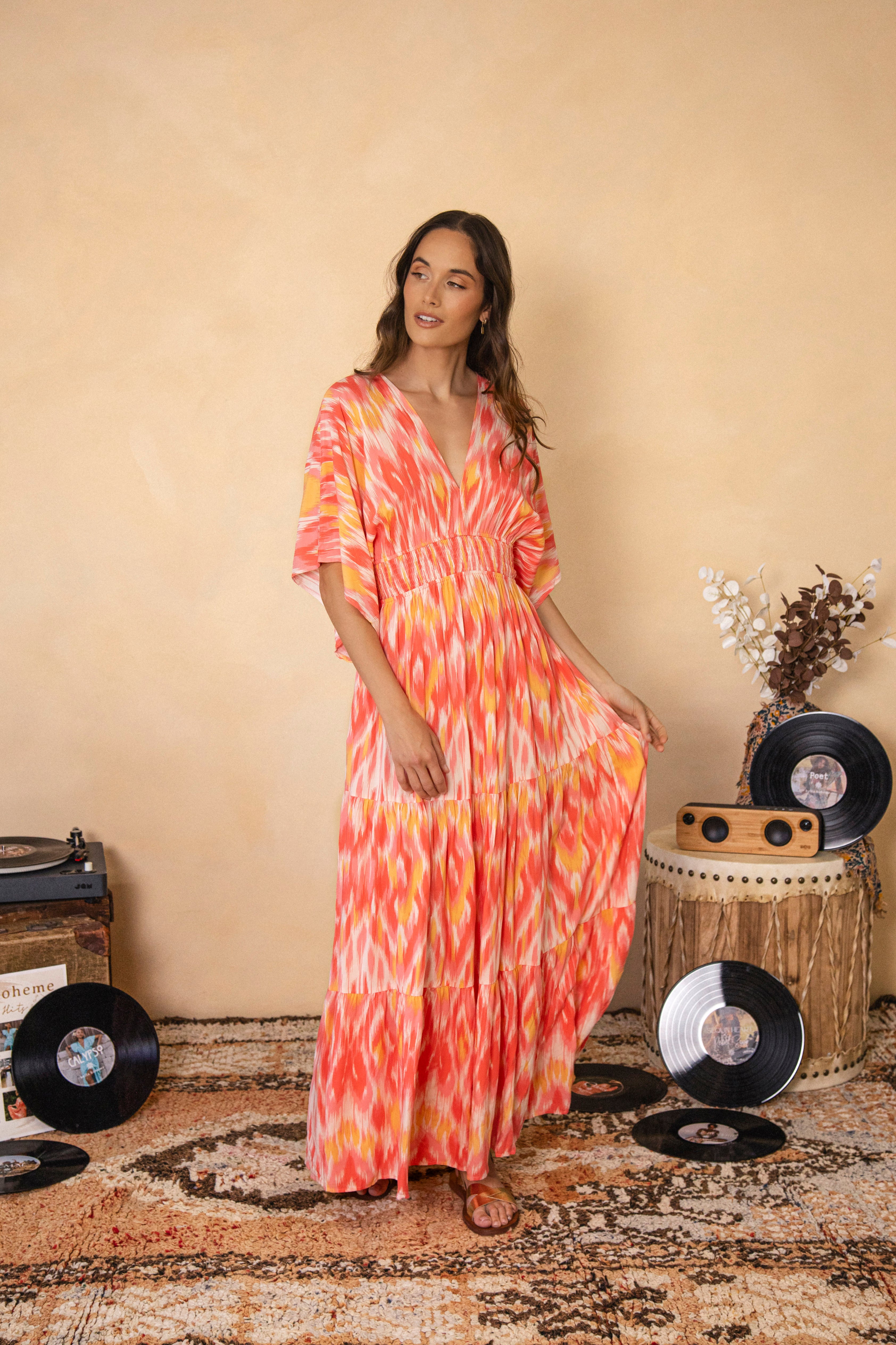 Lani Maxi Dress Sunburst Boho style tiered maxi in vibrant citrus shades