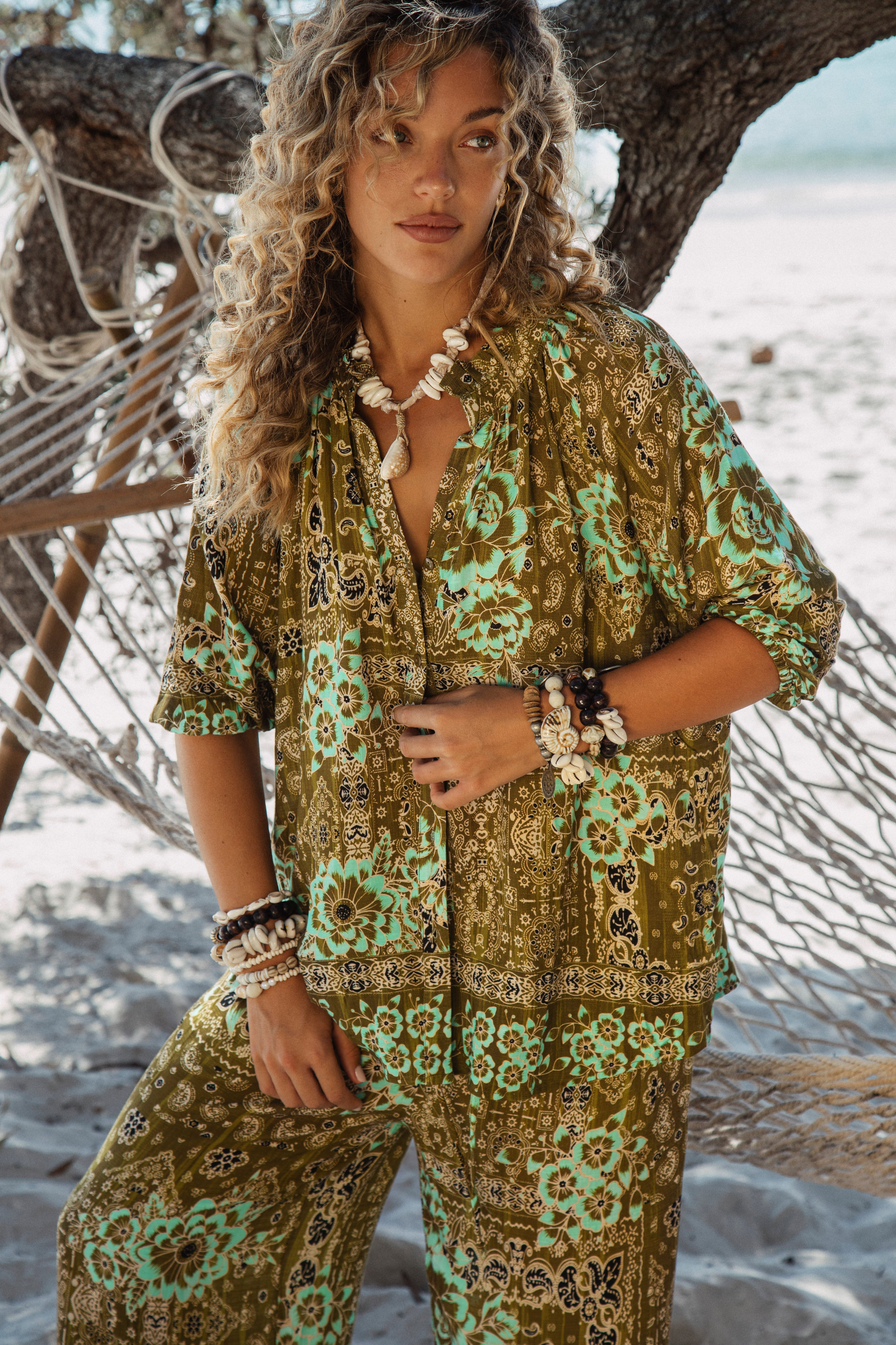 Paradise Found Blouse featuring mandarin collar, button down style and short sleeves