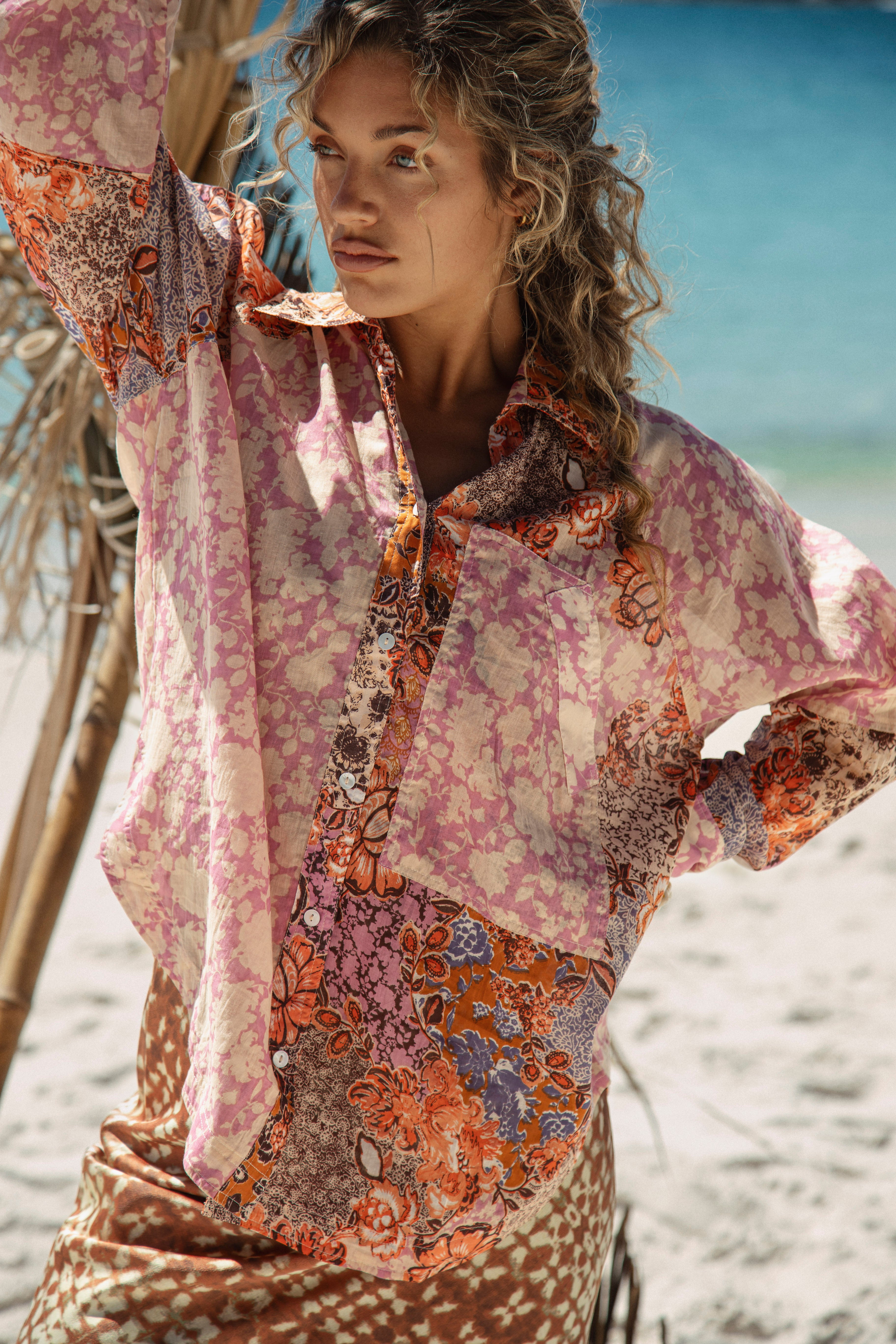 Shoreline Shirt Island Muse features a floral inspired Boho patchwork pattern in simple button up style