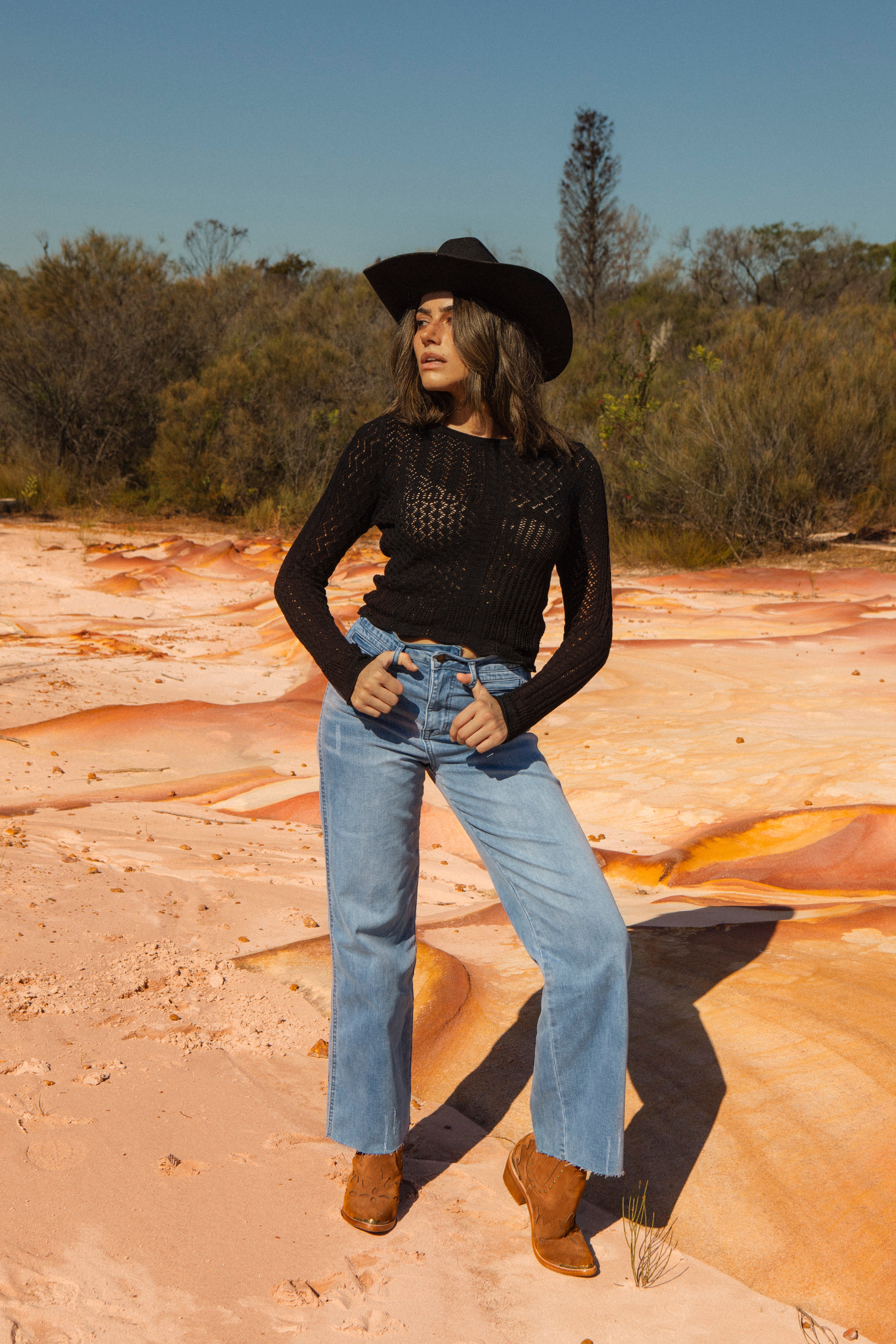 Tuscan Jean Blue Wash. Boot cut style jean with raw edge detail on hem.