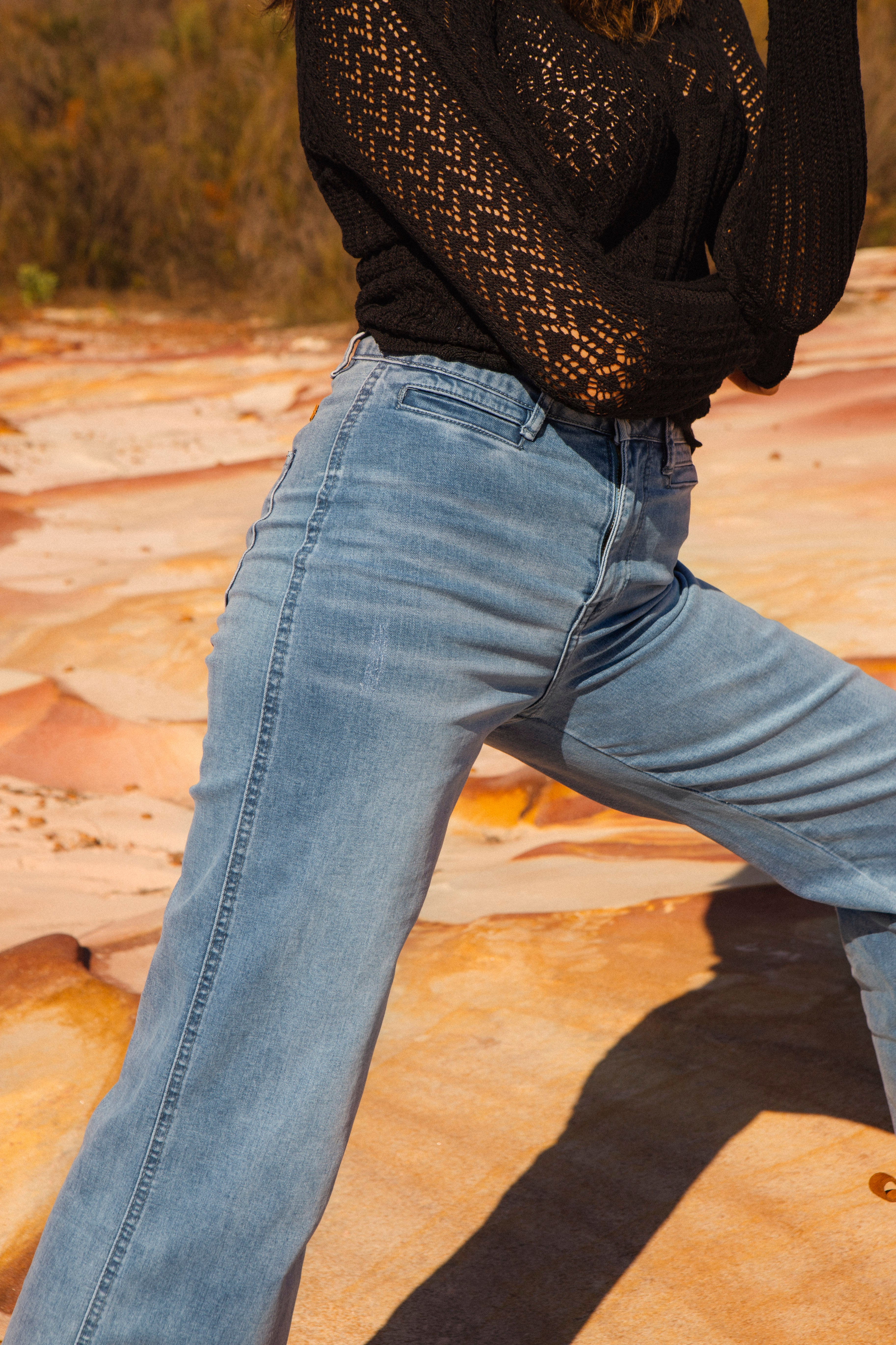 Tuscan Jean Blue Wash - close up view of slit pockets. Front View.