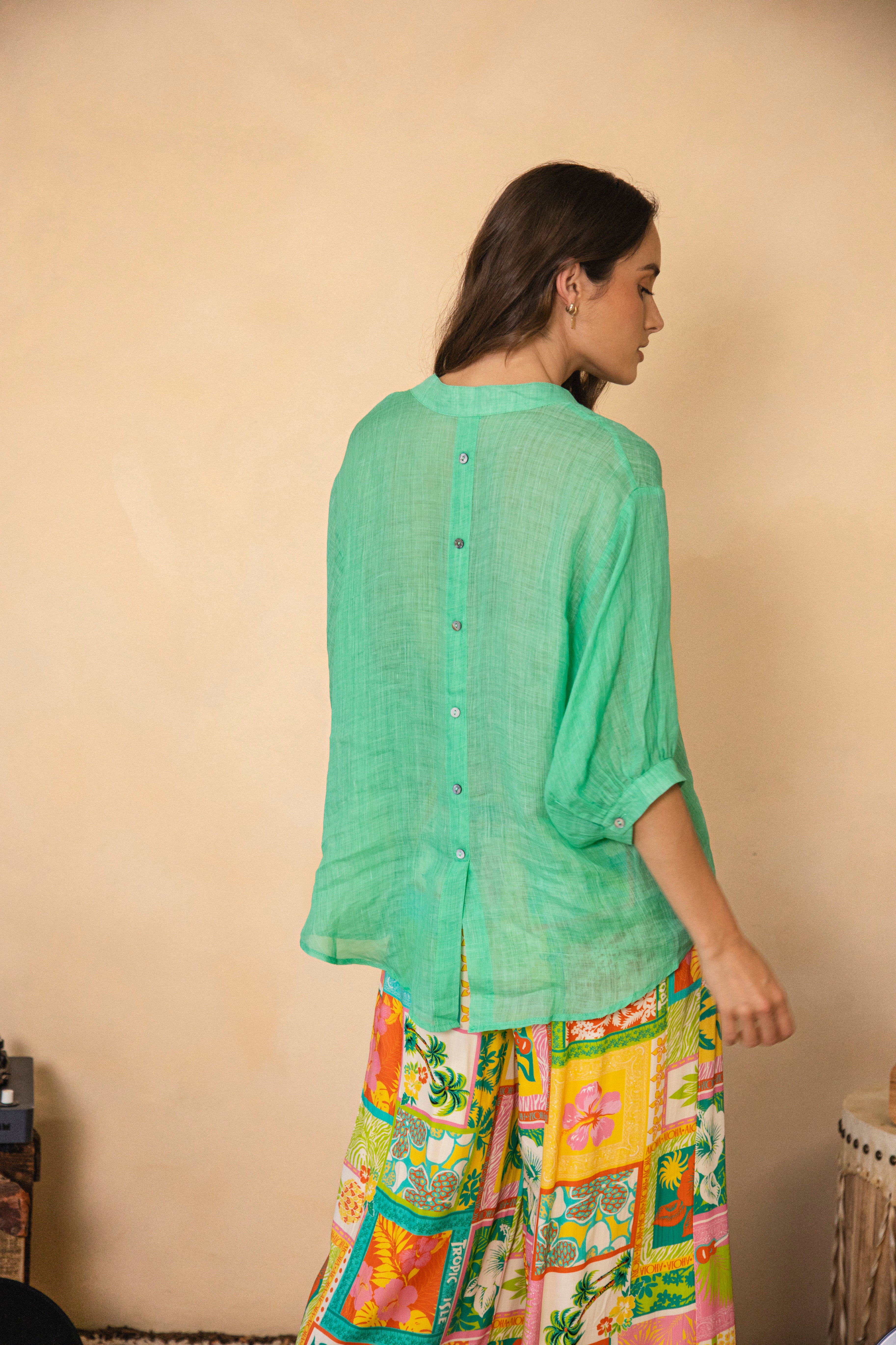 Under The Palm Shirt Seafoam Rear View featuring button down detail
