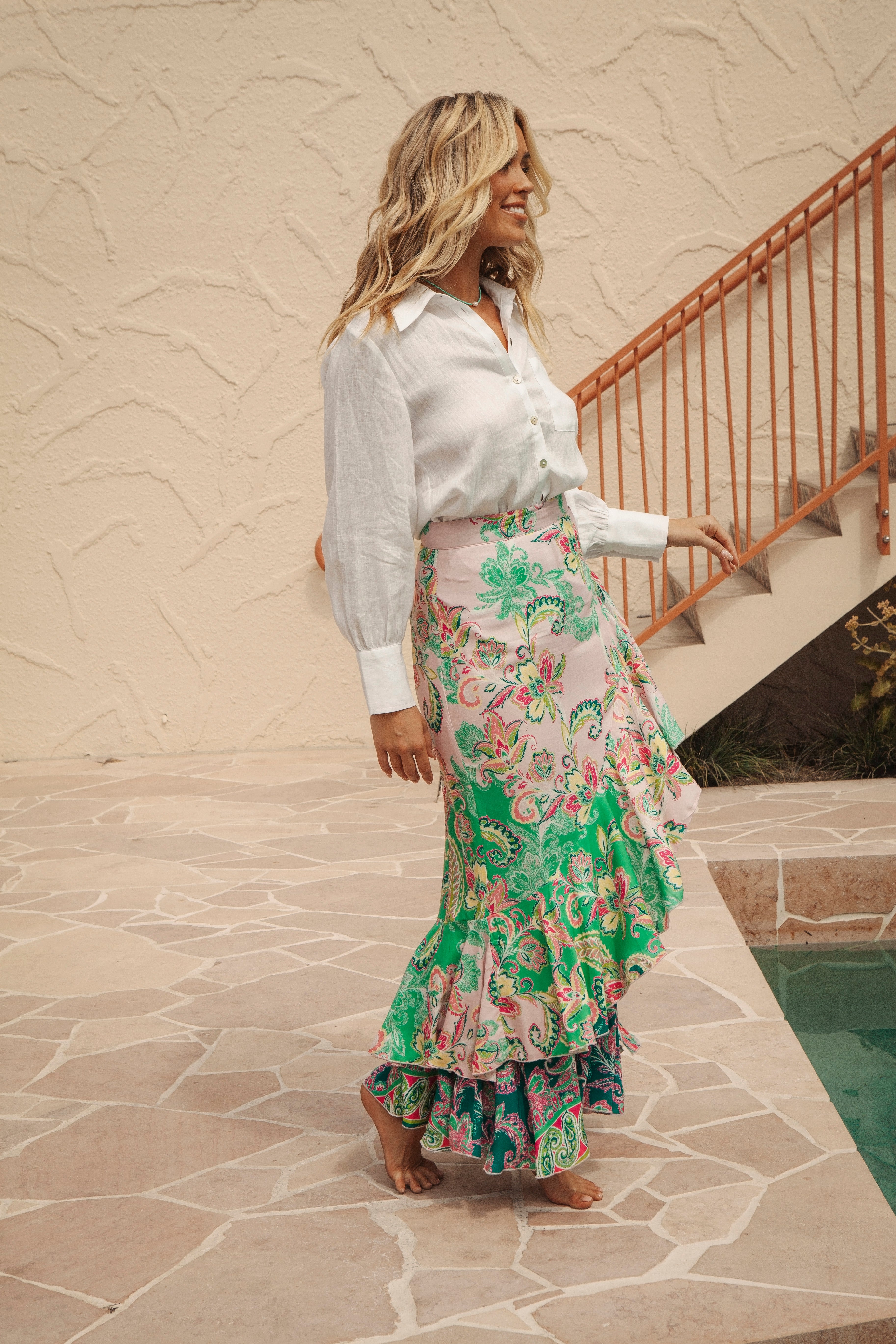 Zoe Frill Skirt Paisley Paradise features a retro paisley pattern in shades of pink and green