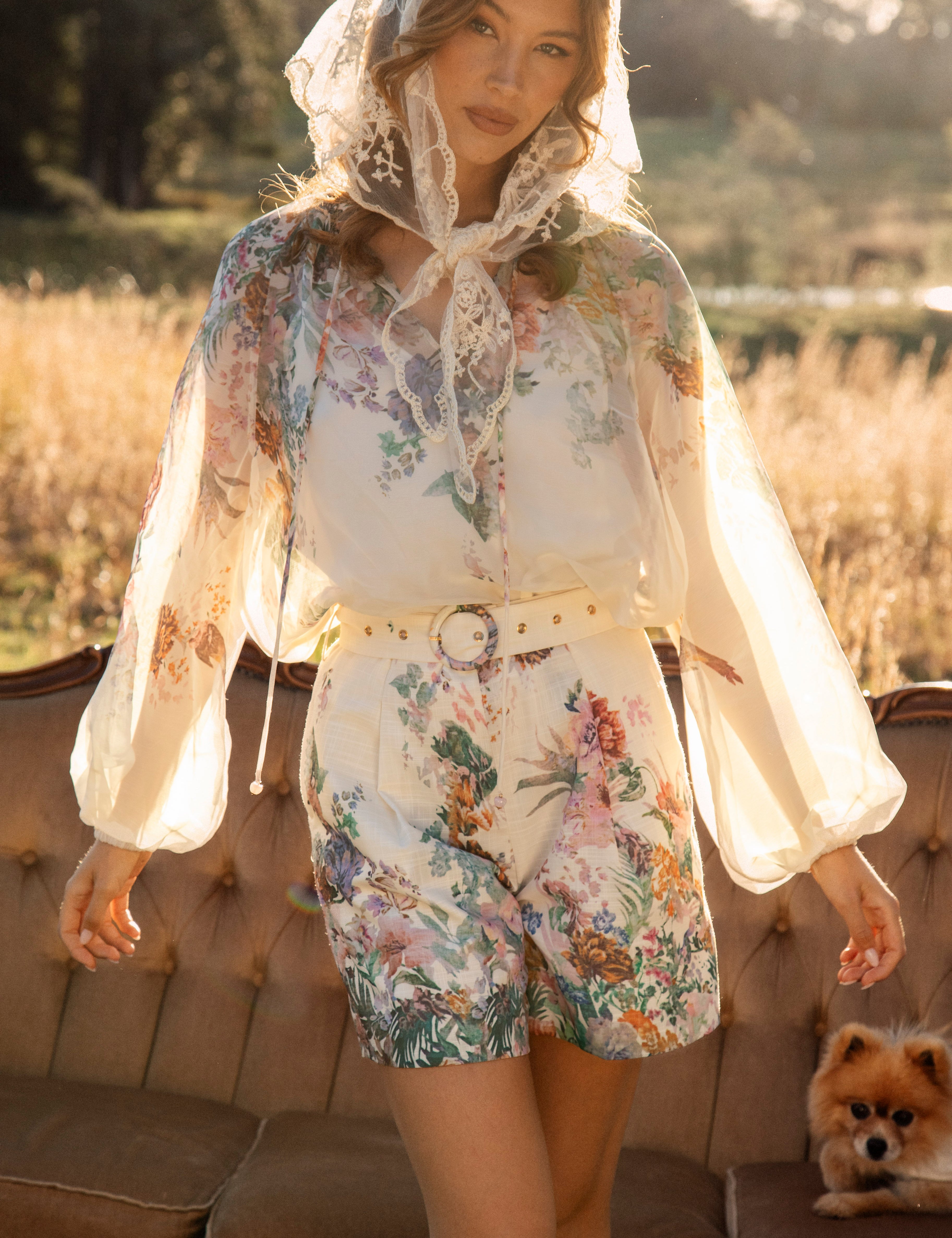 Adeline Tailored Short Meadow - showcasing matching fabric belt