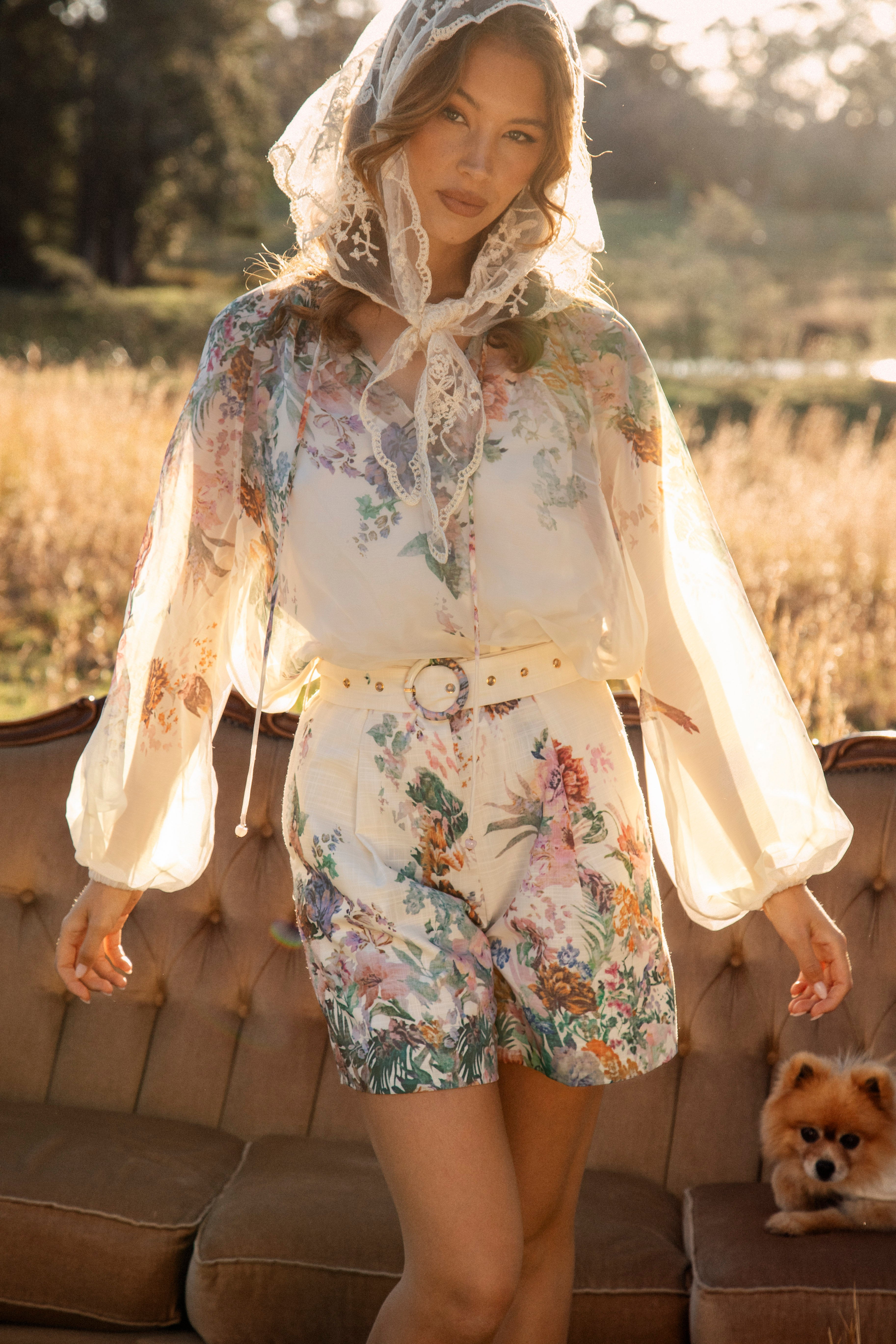 Adeline Tailored Short Meadow - showcasing matching fabric belt