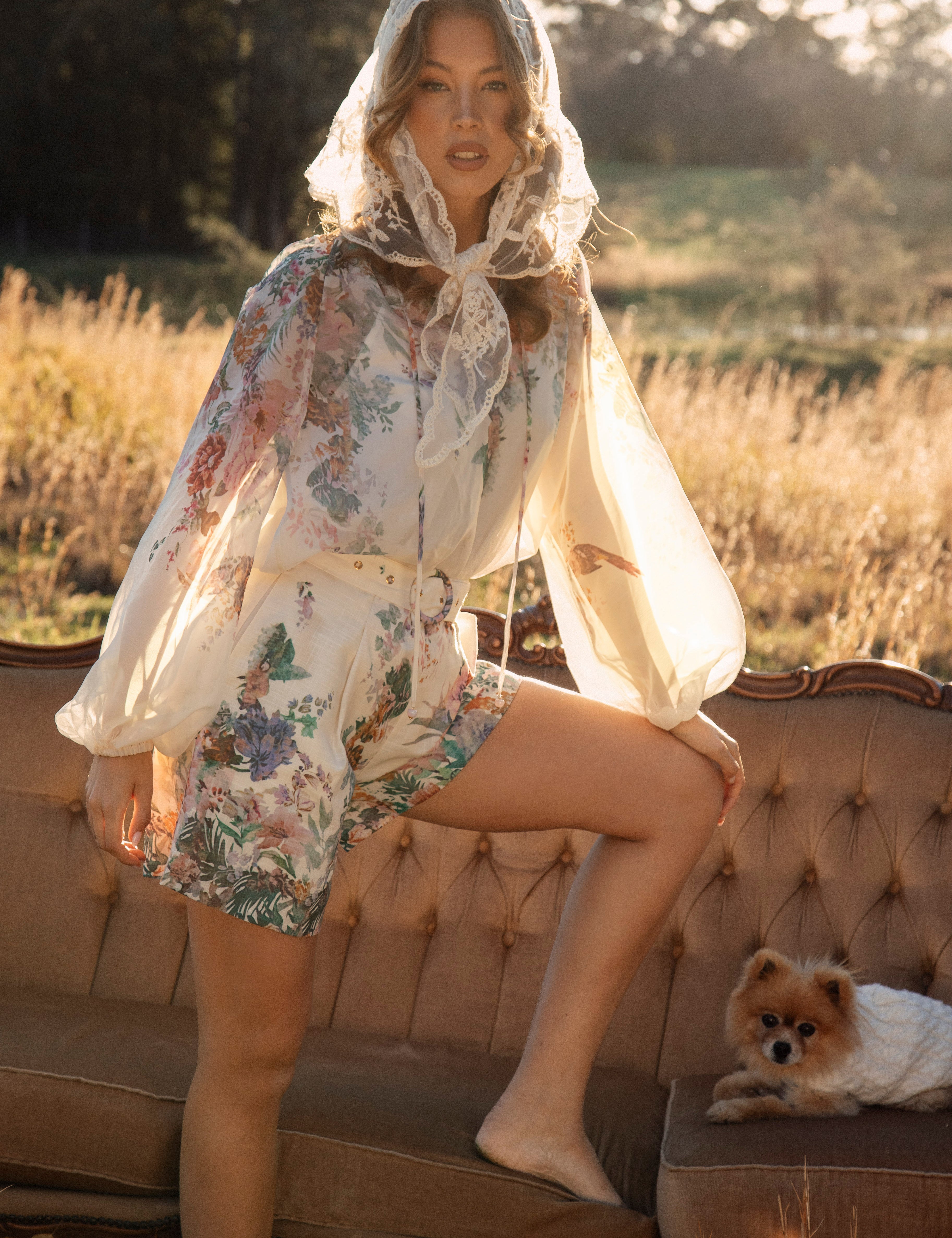 Adeline Tailored Short Meadow worn with matching blouse