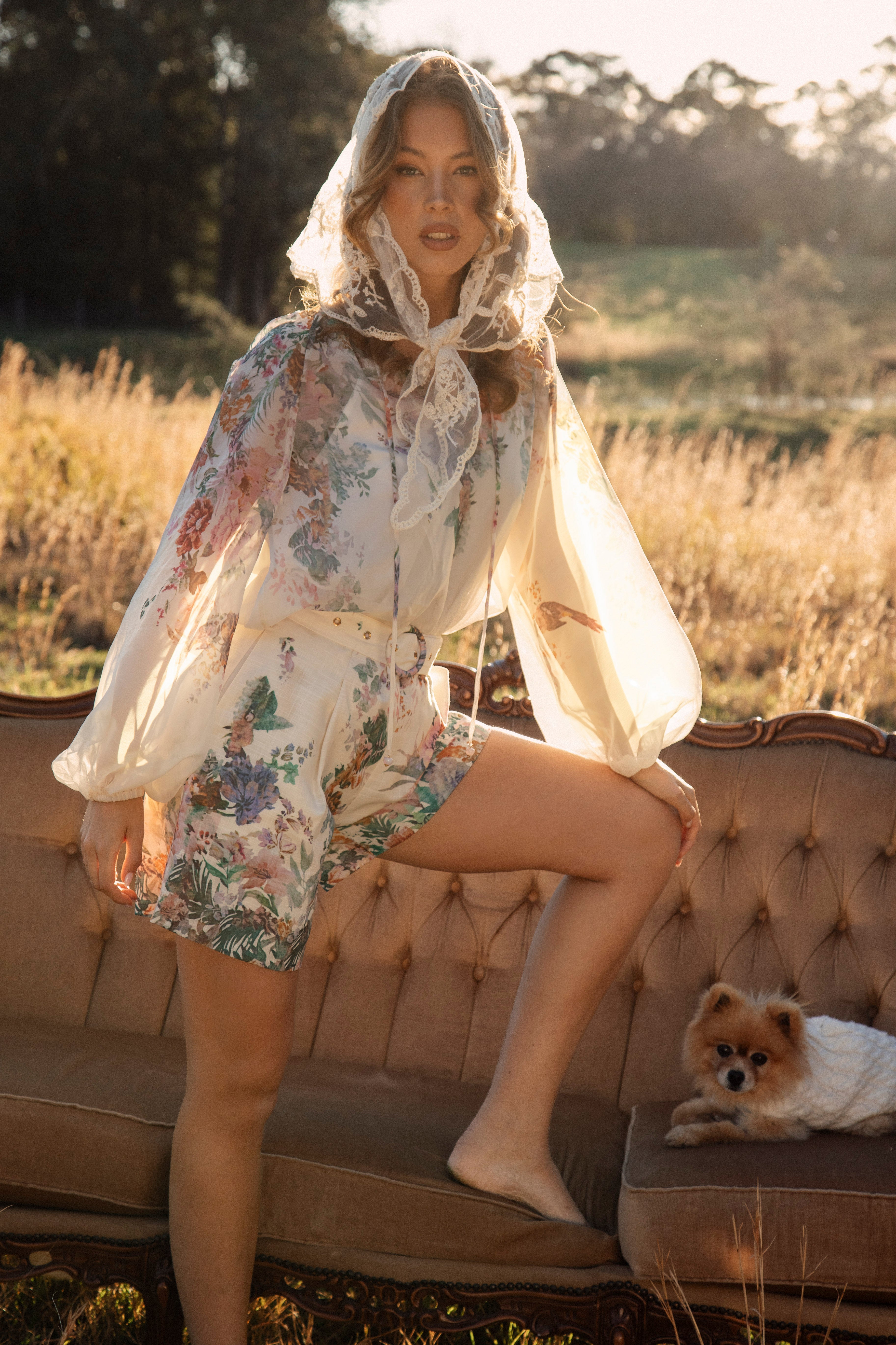 Adeline Tailored Short Meadow worn with matching blouse