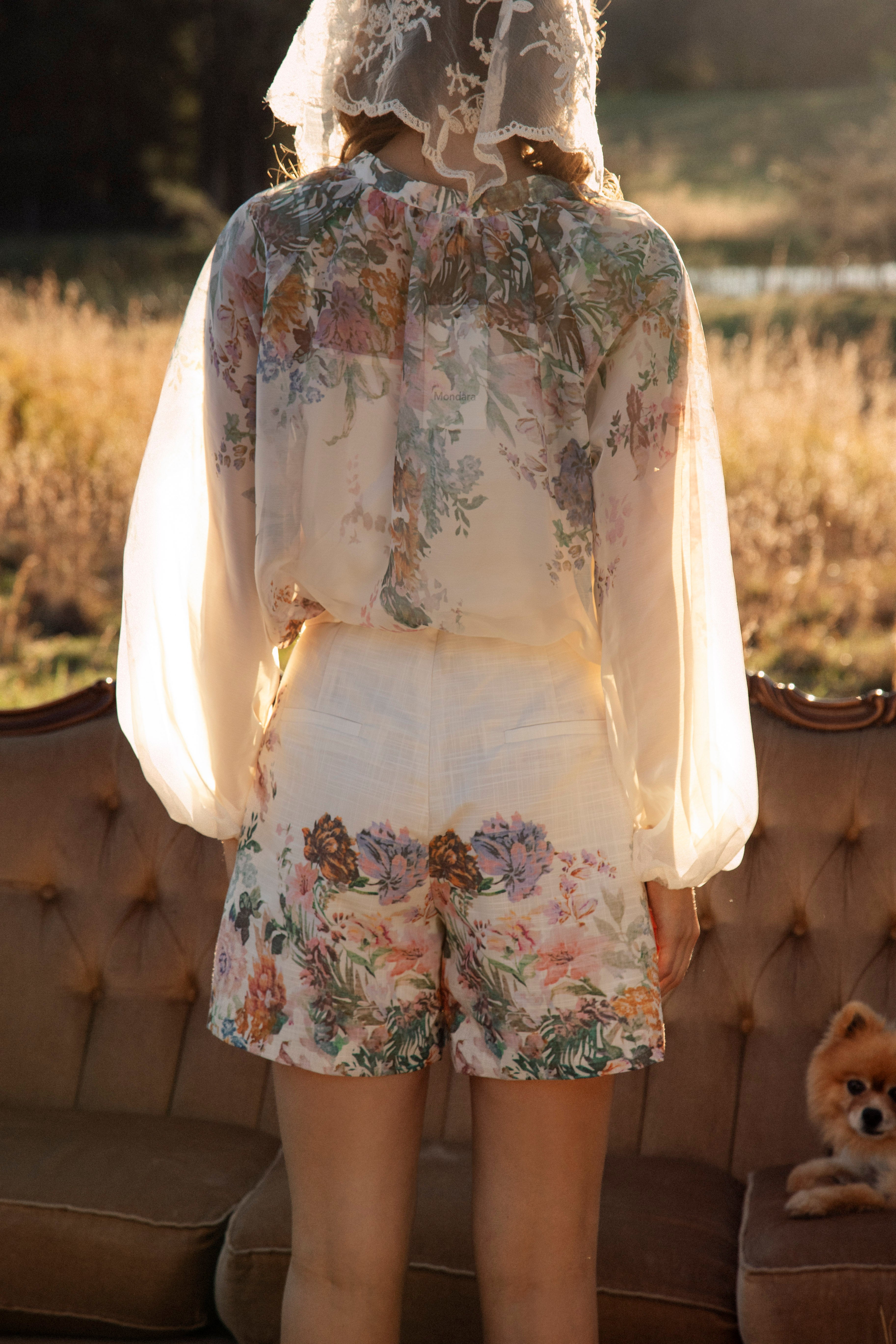 Adeline Tailored Short Meadow - rear view showcasing floral pattern, tailored style and pockets