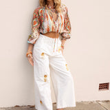 Adriana Embellished Pants - white wide leg pant featuring golden embroidery