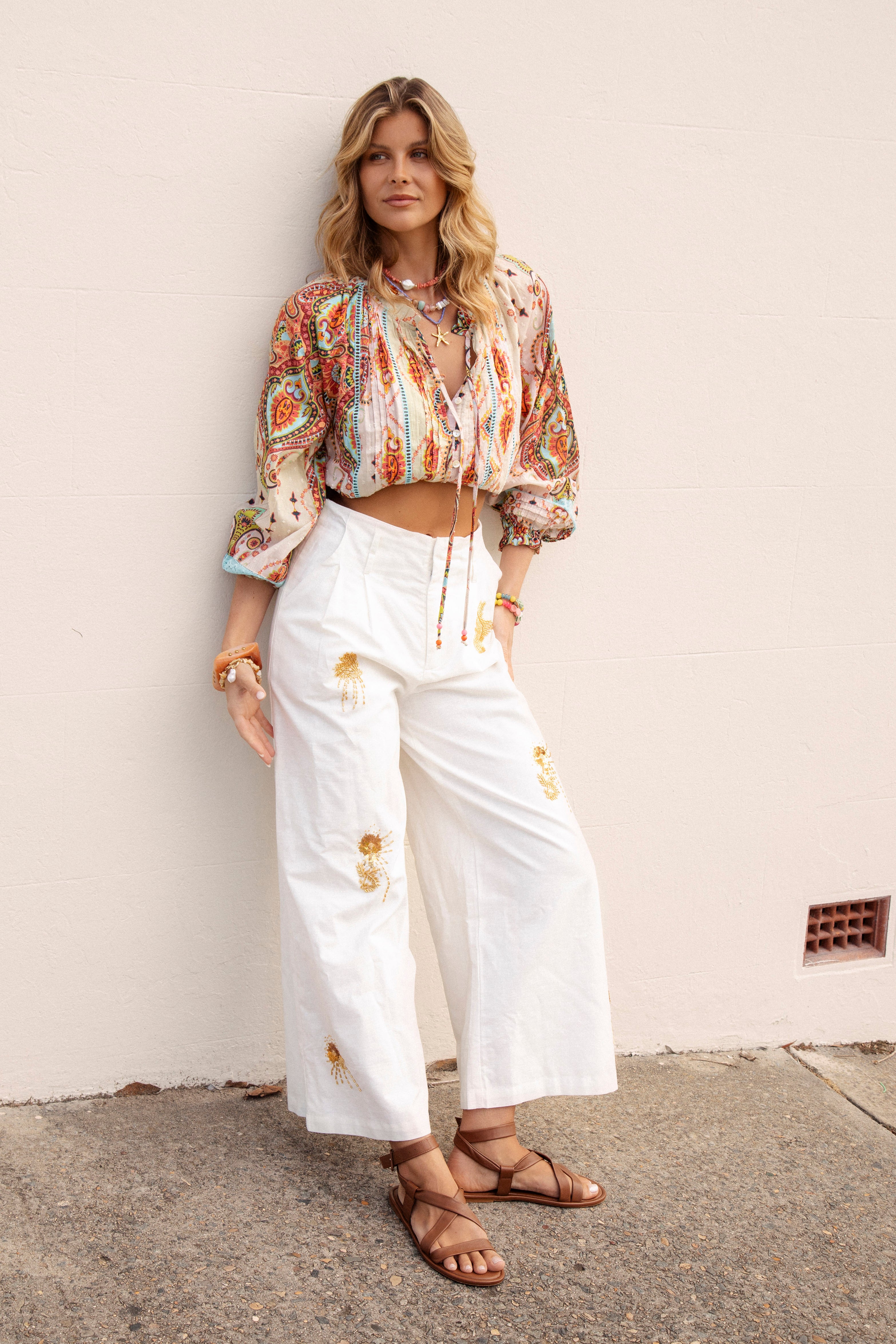 Adriana Embellished Pants - white wide leg pant featuring golden embroidery