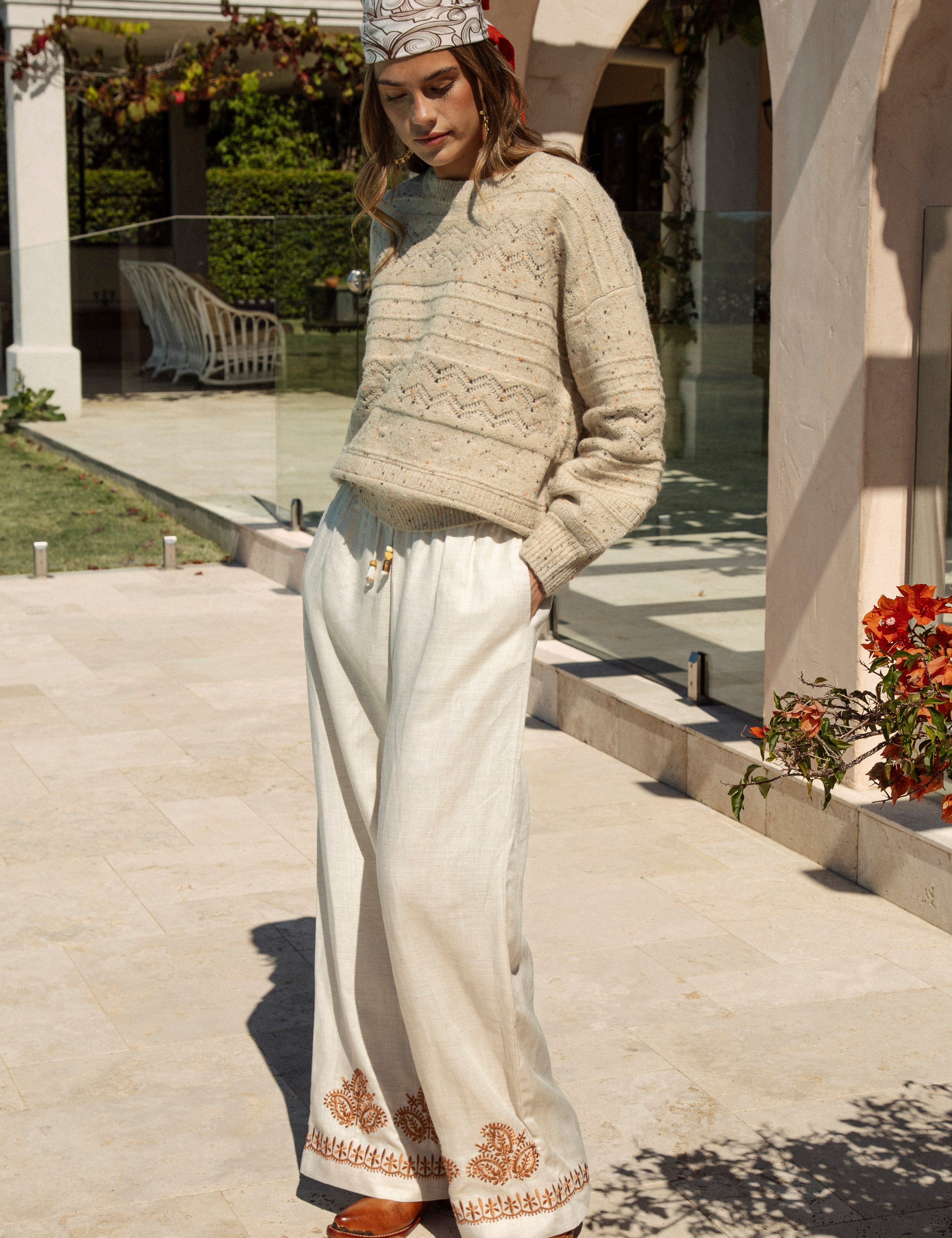 Alba Embroidered Linen Pants feature elasticised waist with drawstring and wide leg style