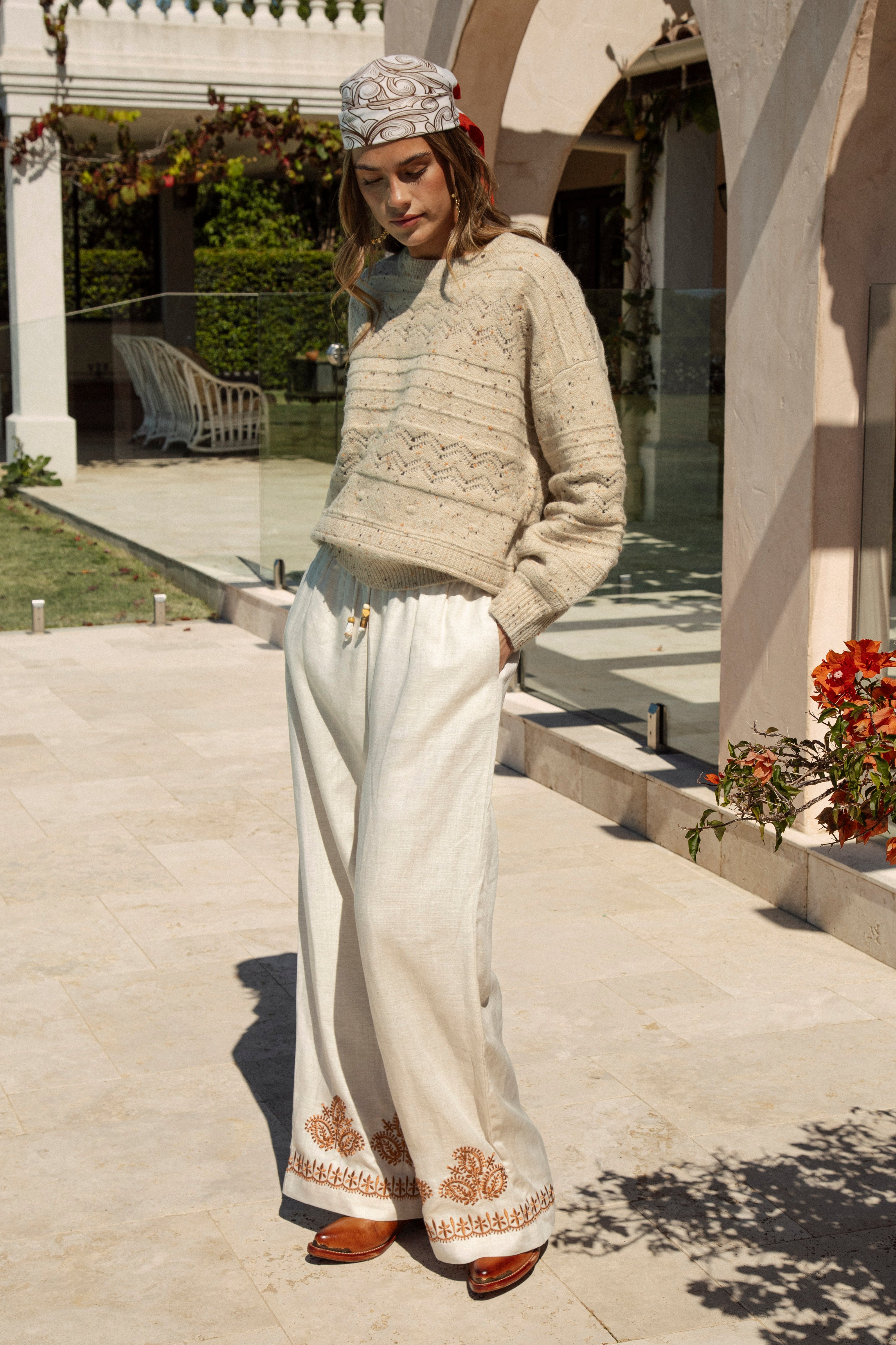 Alba Embroidered Linen Pants feature elasticised waist with drawstring and wide leg style