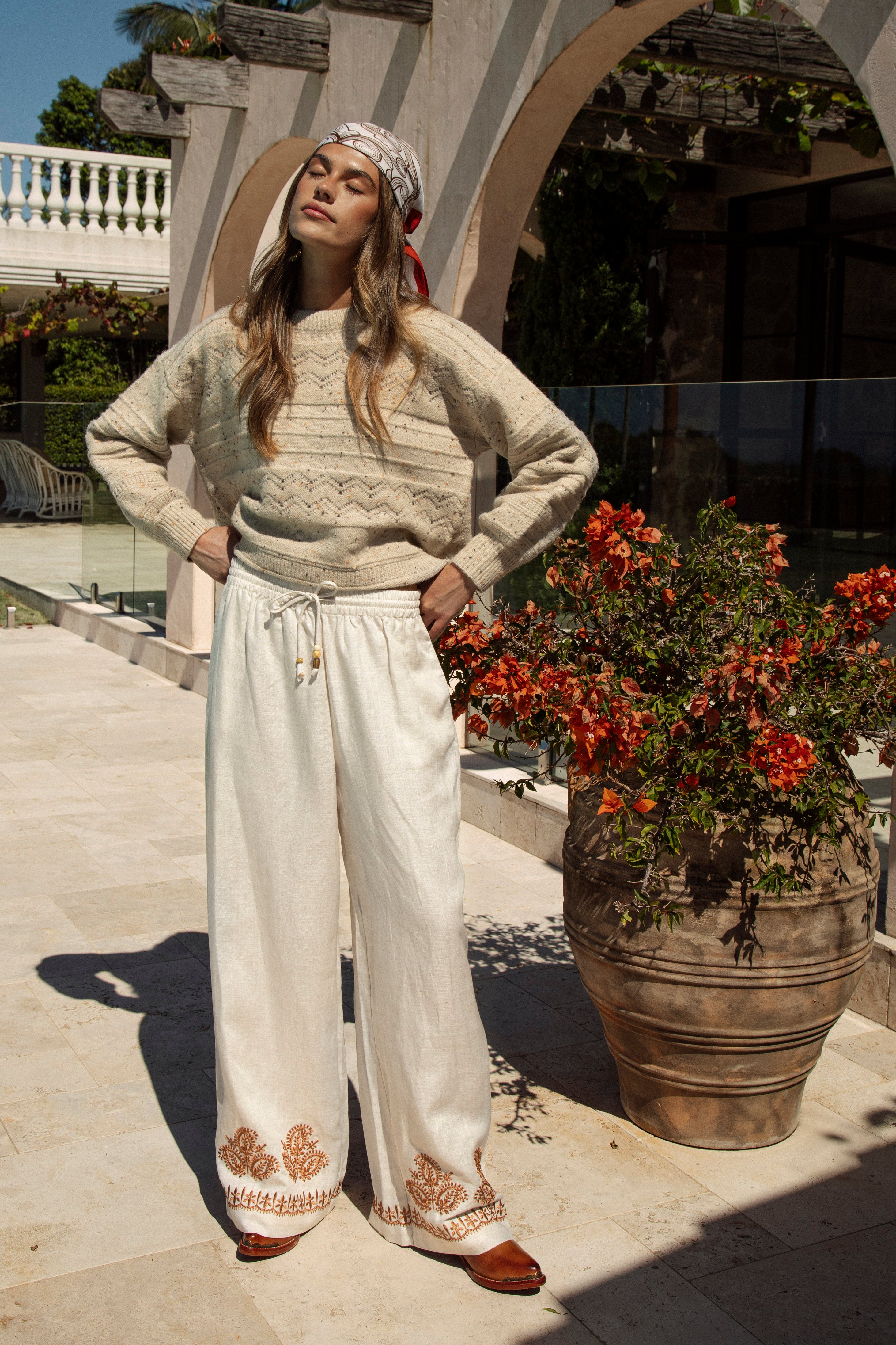 Alba Embroidered Linen Pants showcasing drawstring waist and wide leg style