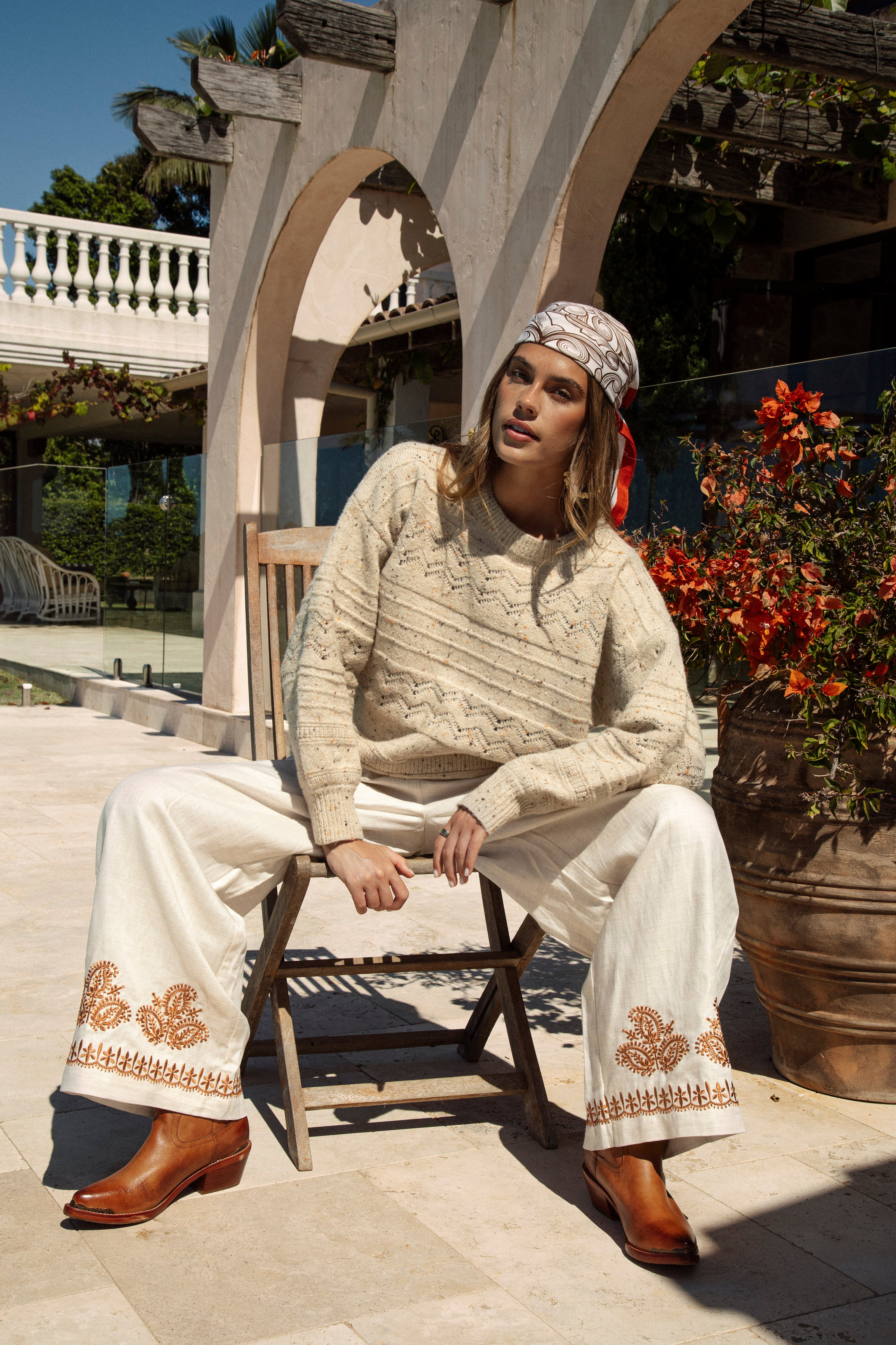Alba Embroidered Linen Pants - wide leg style, relaxed fit and natural colourway