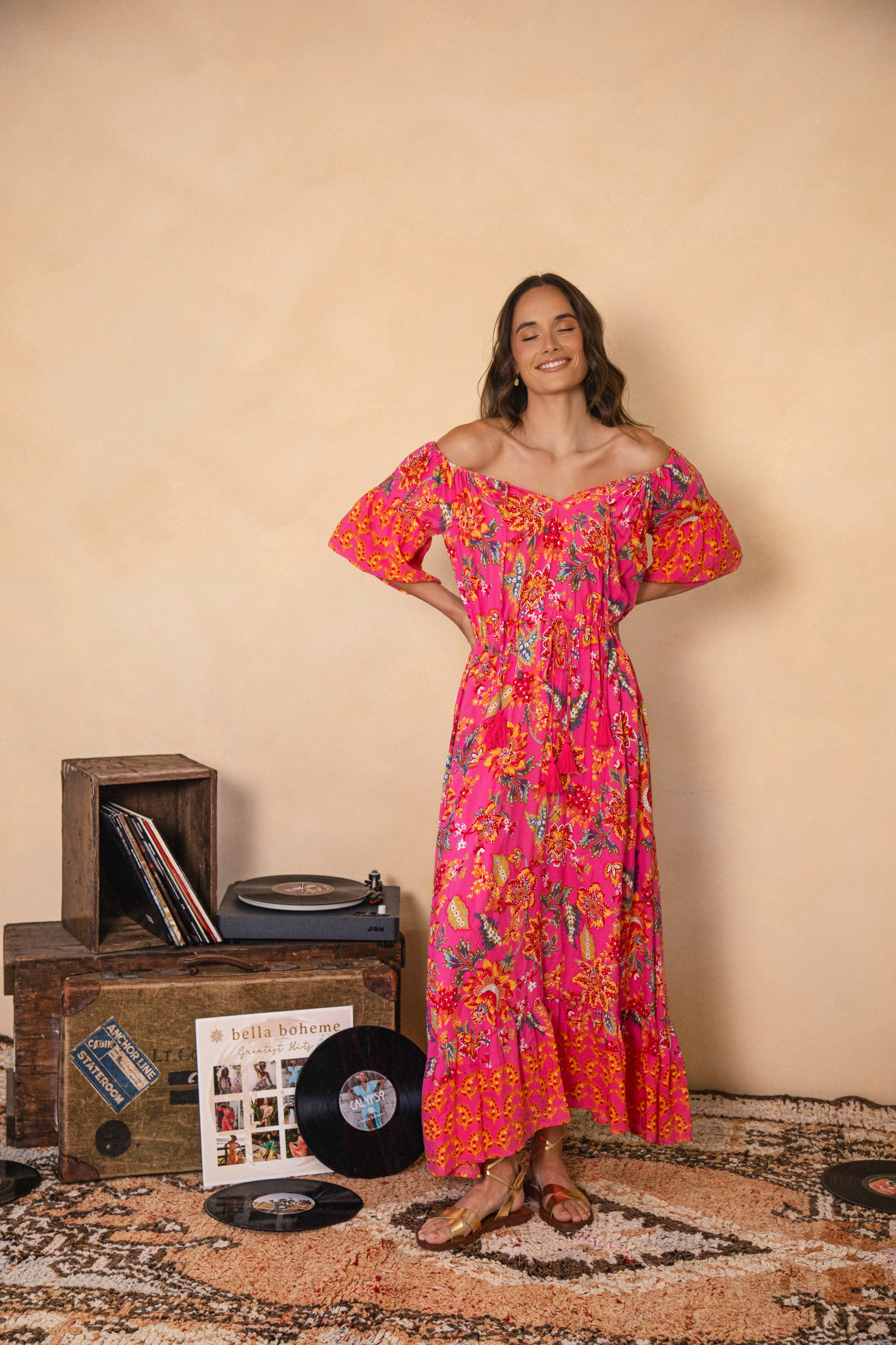 Aloha Maxi Dress Paradise Boho style dress in vibrant pattern in pink and orange colourway