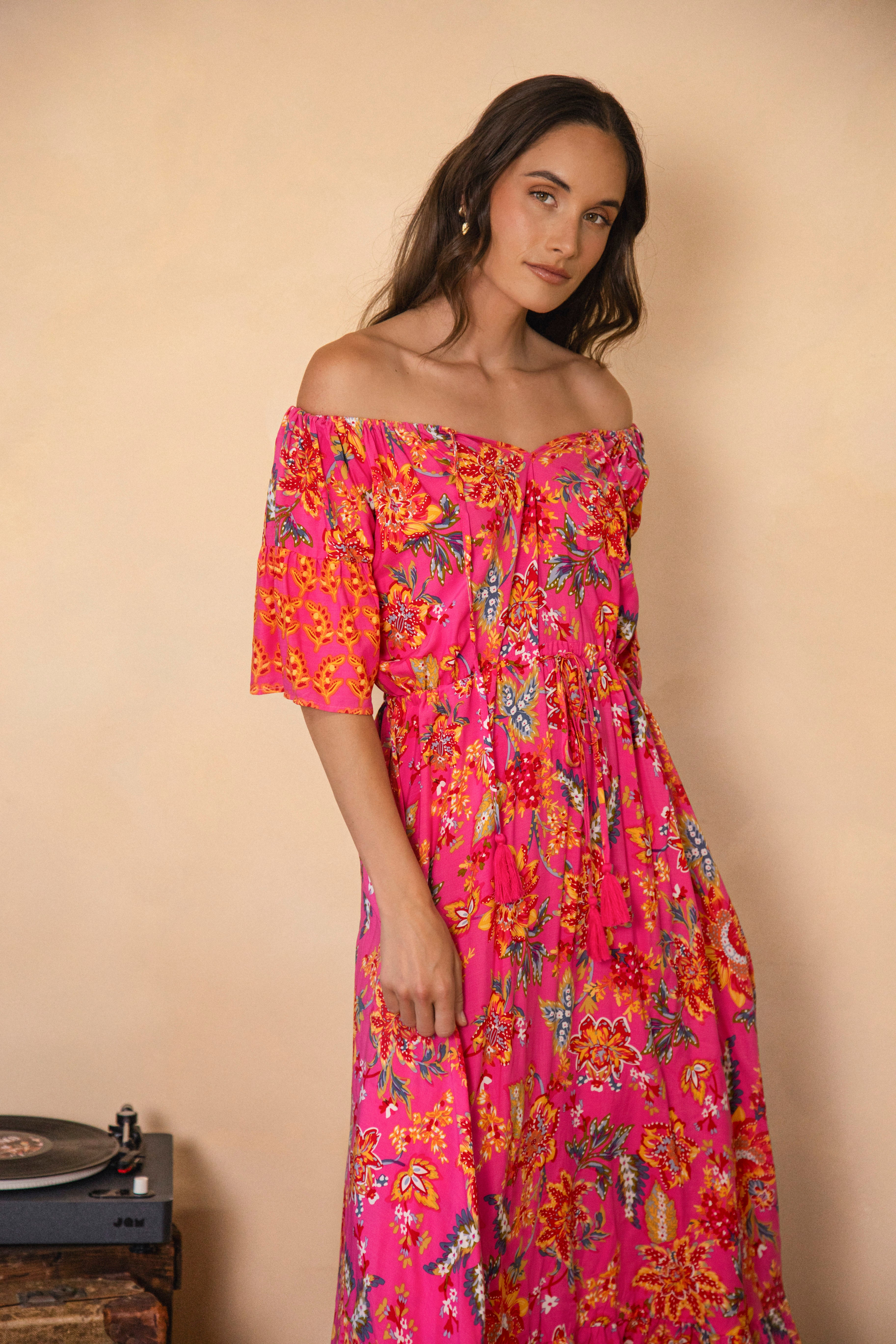 Aloha Maxi Dress Paradise showcasing off the shoulder style and drawstring waist
