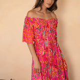 Aloha Maxi Dress Paradise showcasing off the shoulder style and drawstring waist