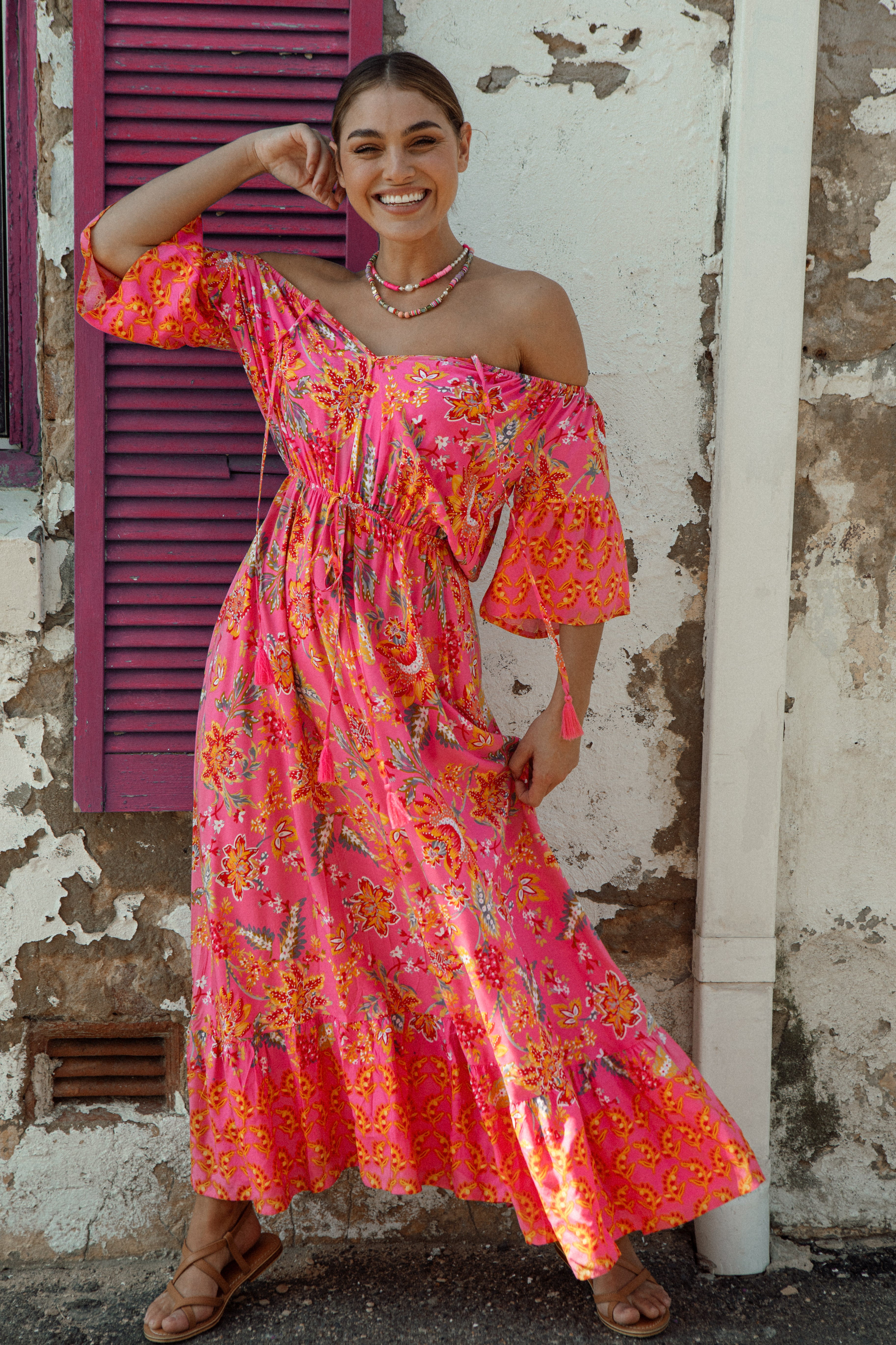 Aloha Maxi Dress Paradise showcasing Boho style print with contrasting trim at sleeves and hem