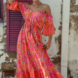 Aloha Maxi Dress Paradise showcasing Boho style print with contrasting trim at sleeves and hem