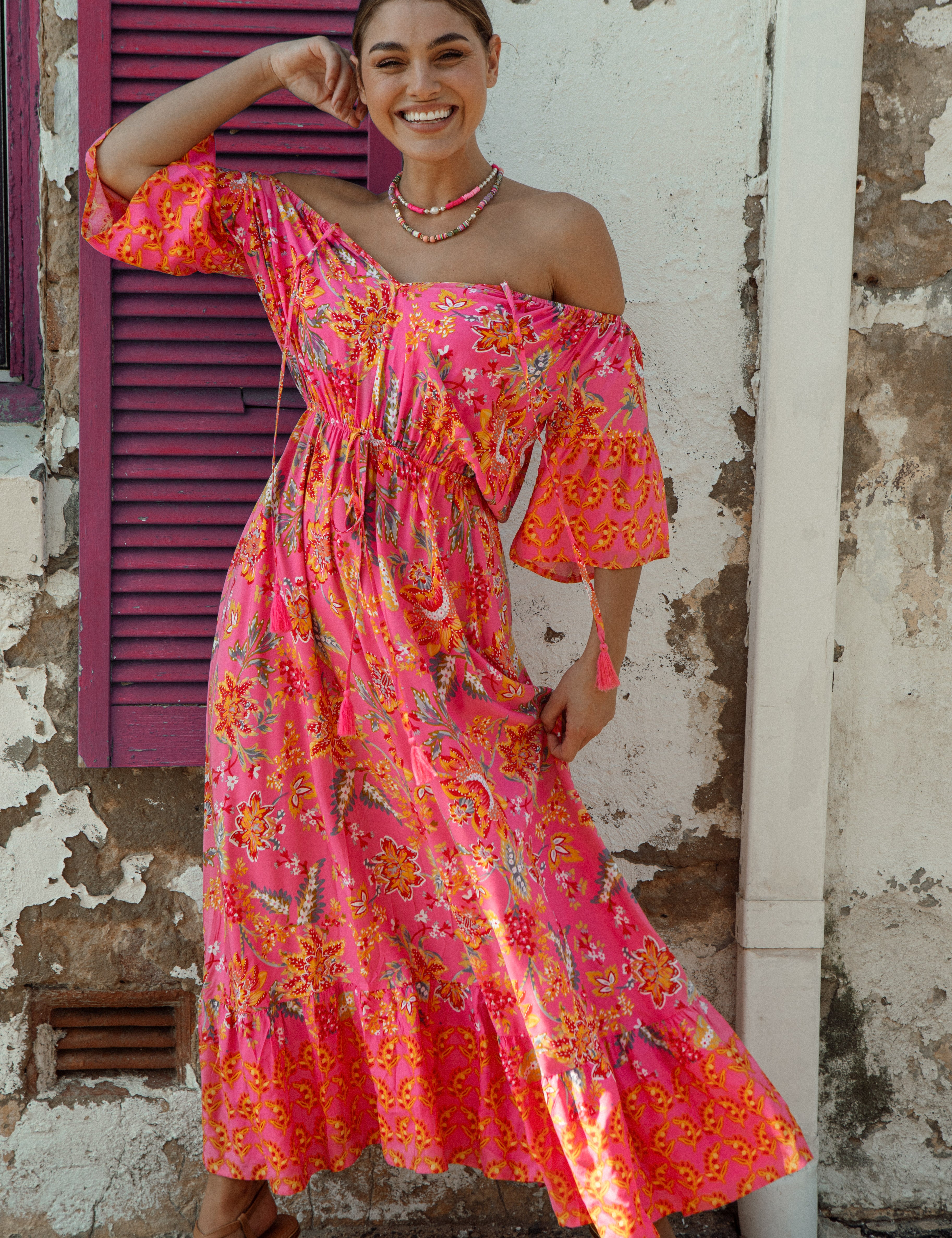Aloha Maxi Dress Paradise showcasing Boho style print with contrasting trim at sleeves and hem