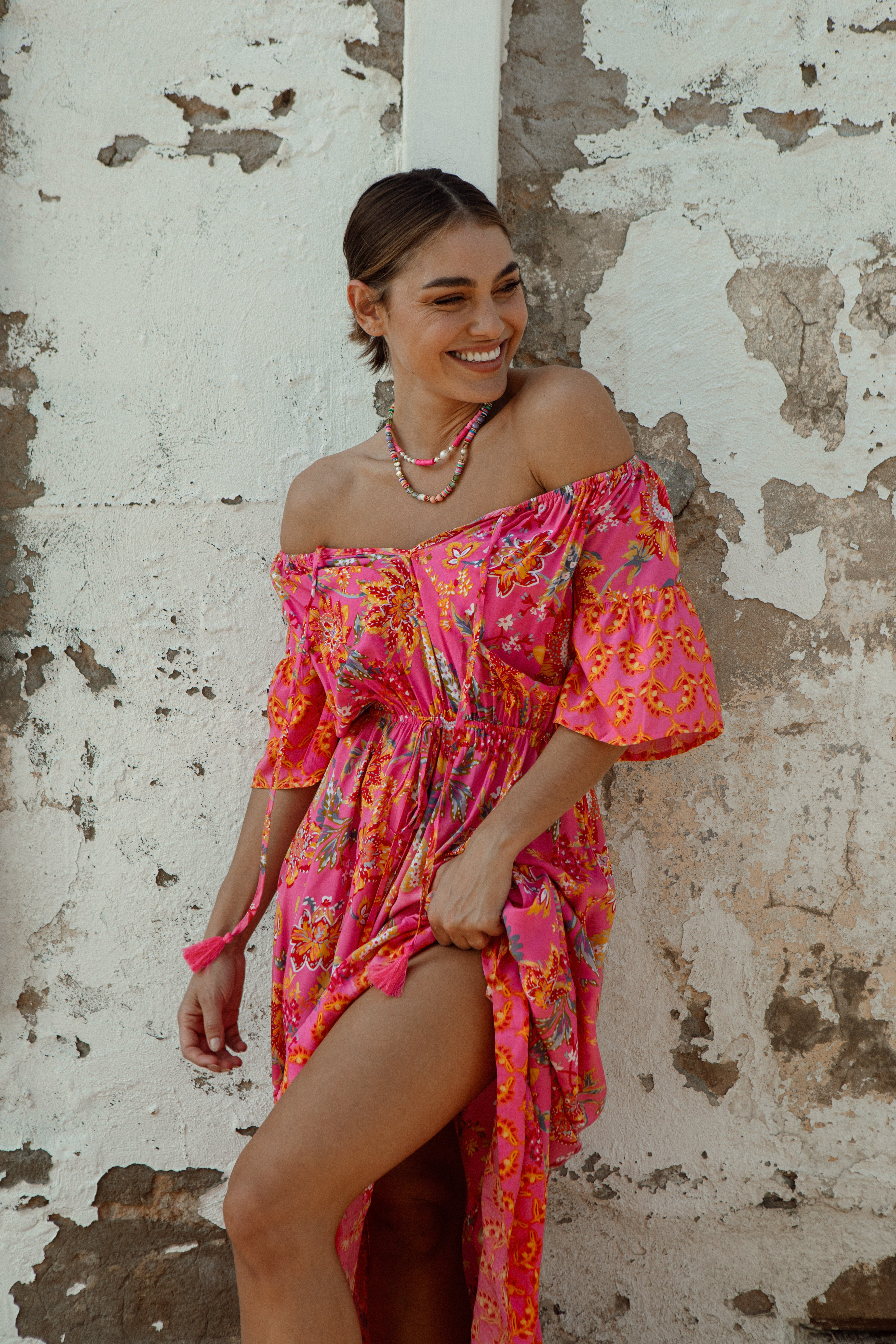 Aloha Maxi Dress Paradise in vibrant pink yellow and red Boho pattern
