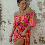 Aloha Maxi Dress Paradise in vibrant pink yellow and red Boho pattern