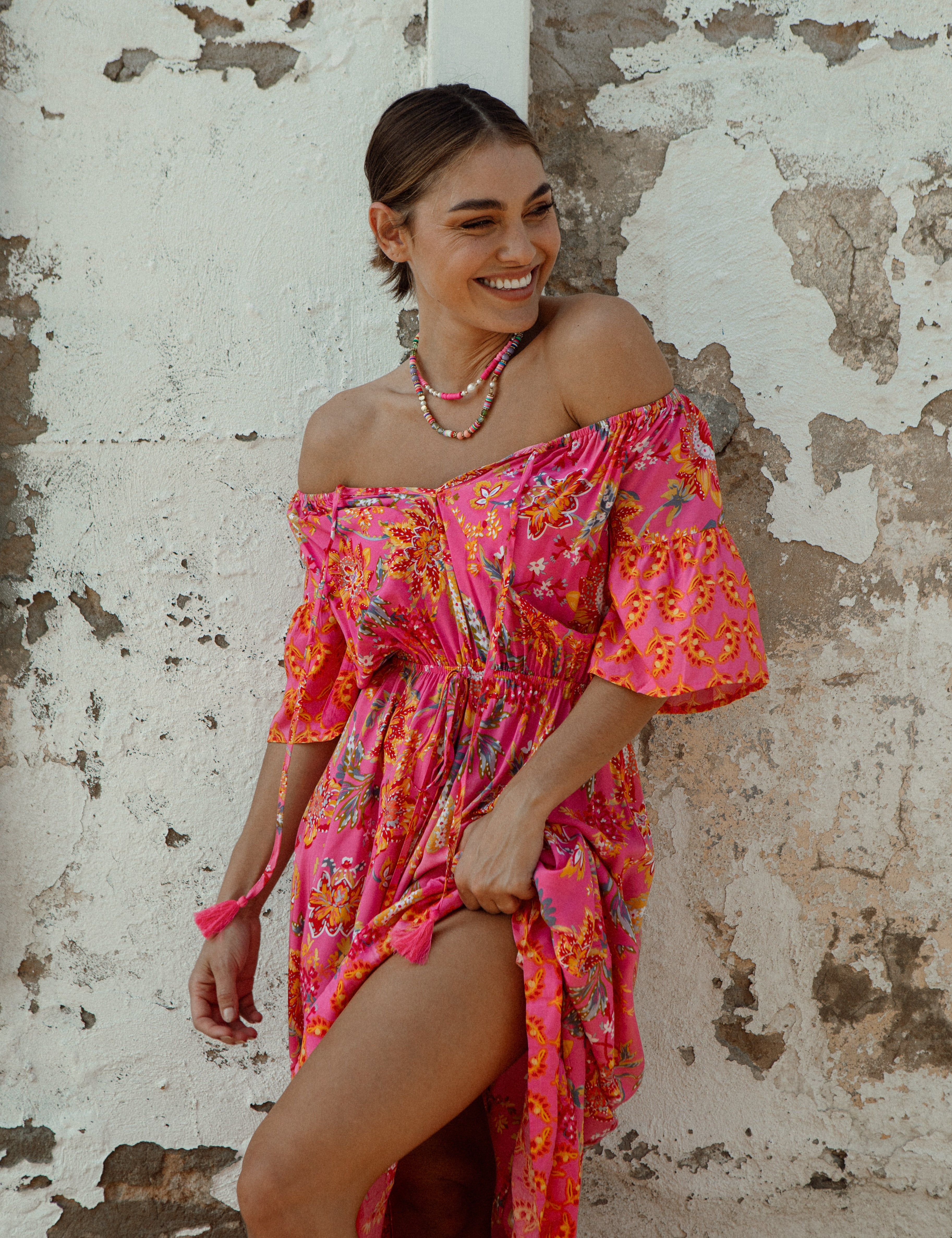 Aloha Maxi Dress Paradise in vibrant pink yellow and red Boho pattern