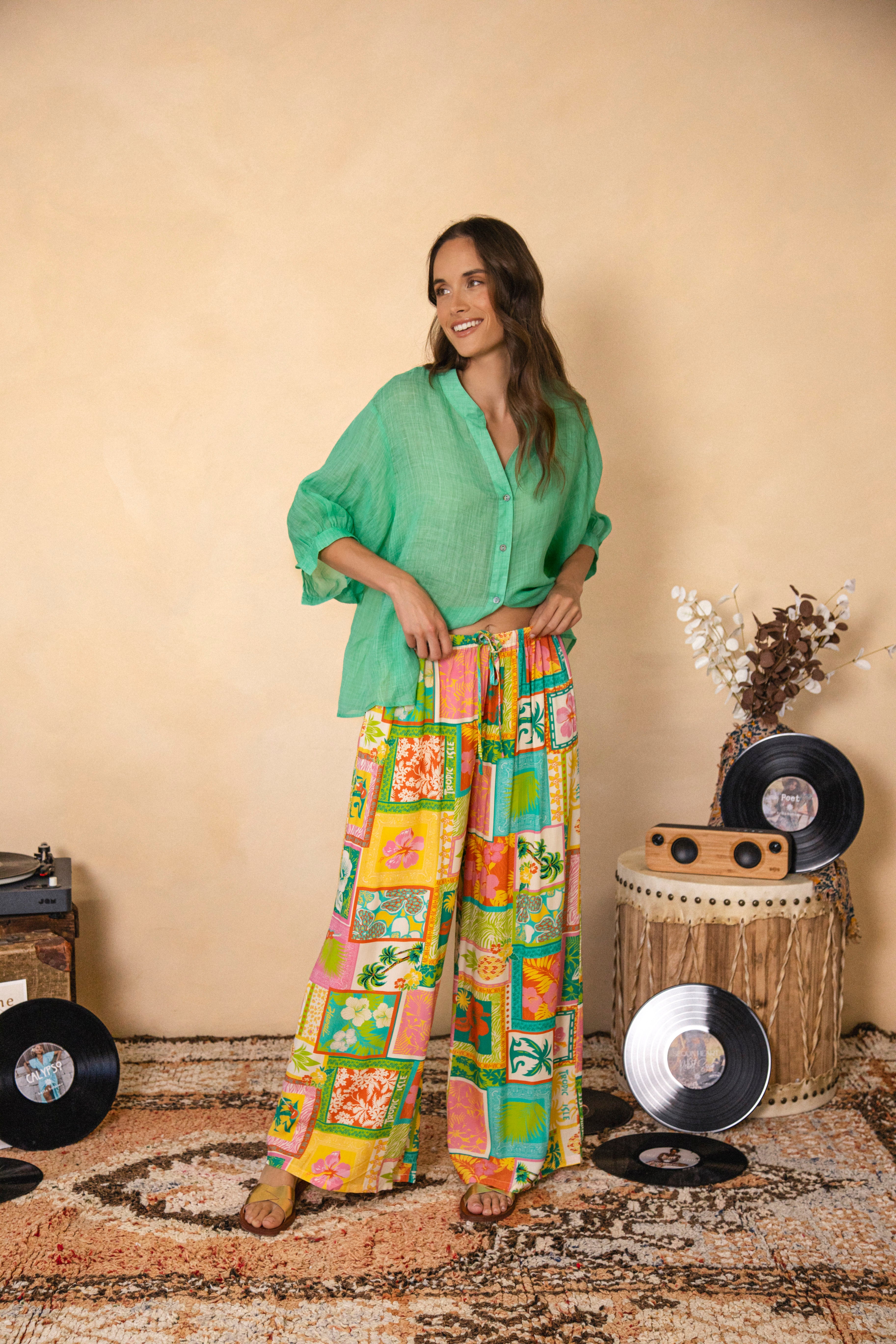 Aloha Vacay Pant featuring vibrant colourful pattern, drawstring waist and wide leg style