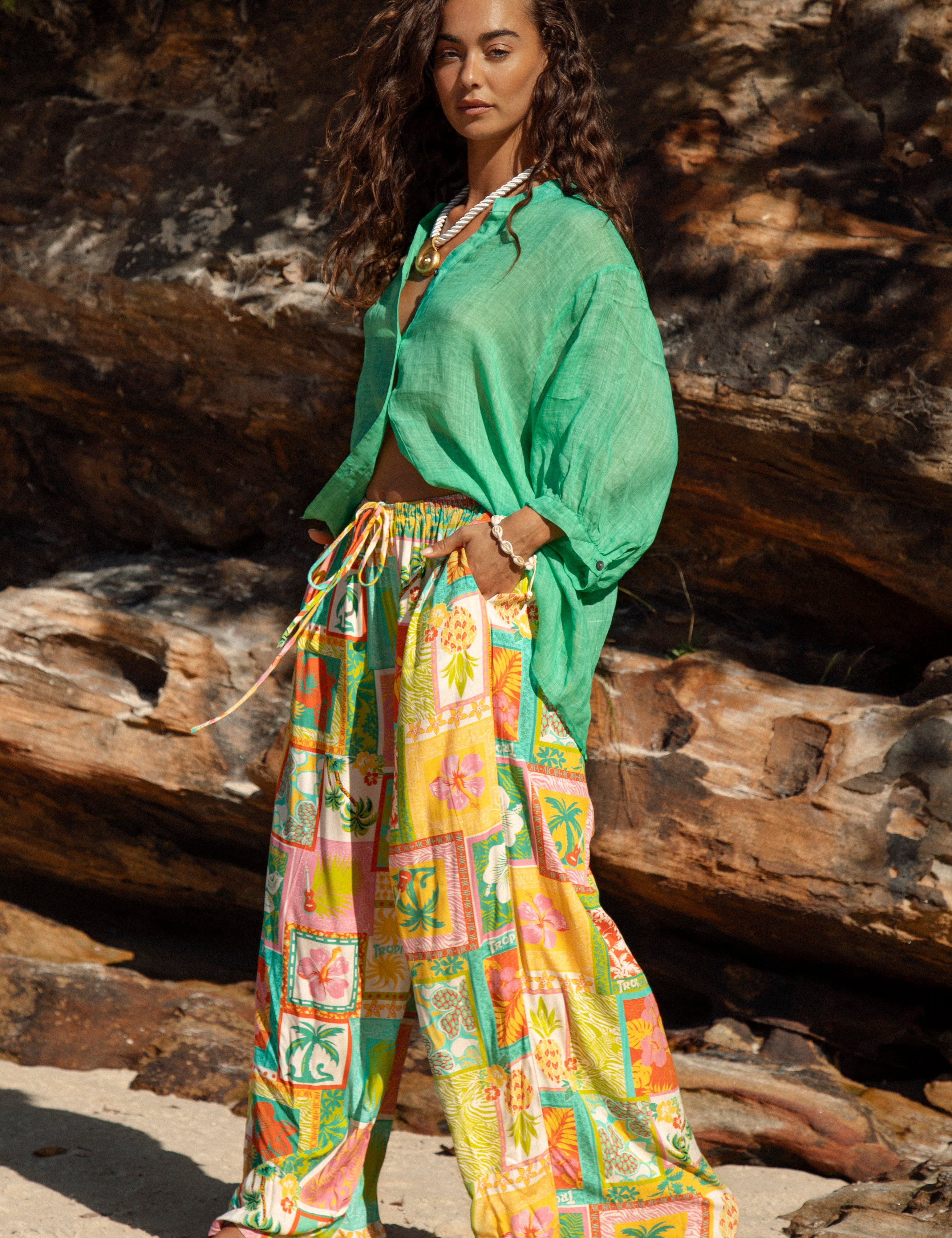 Aloha Vacay Pant lightweight pant built for comfort with fun vibrant pattern and style