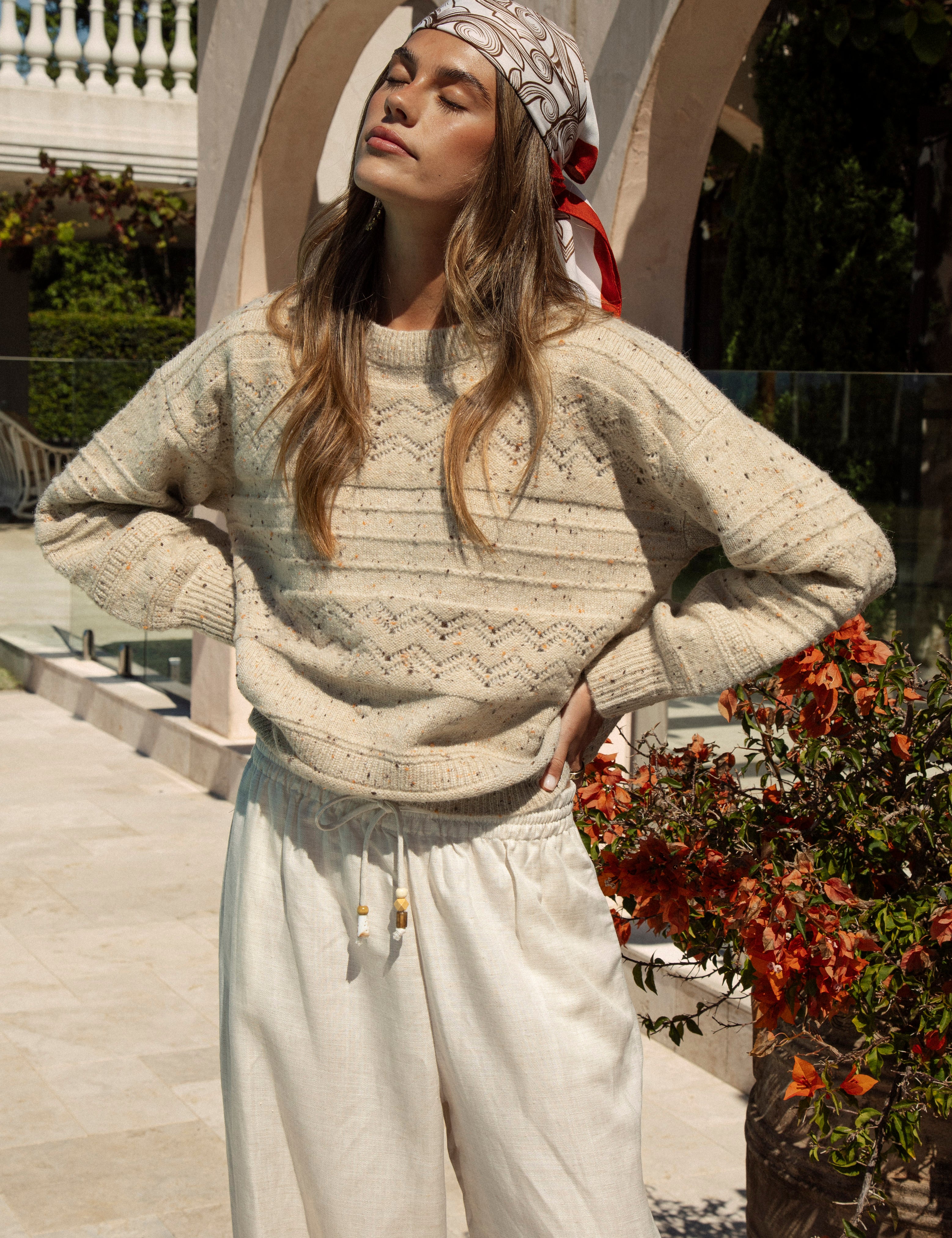 Amalfi Sweater Sand featured chunky knit style in contrasting patterns