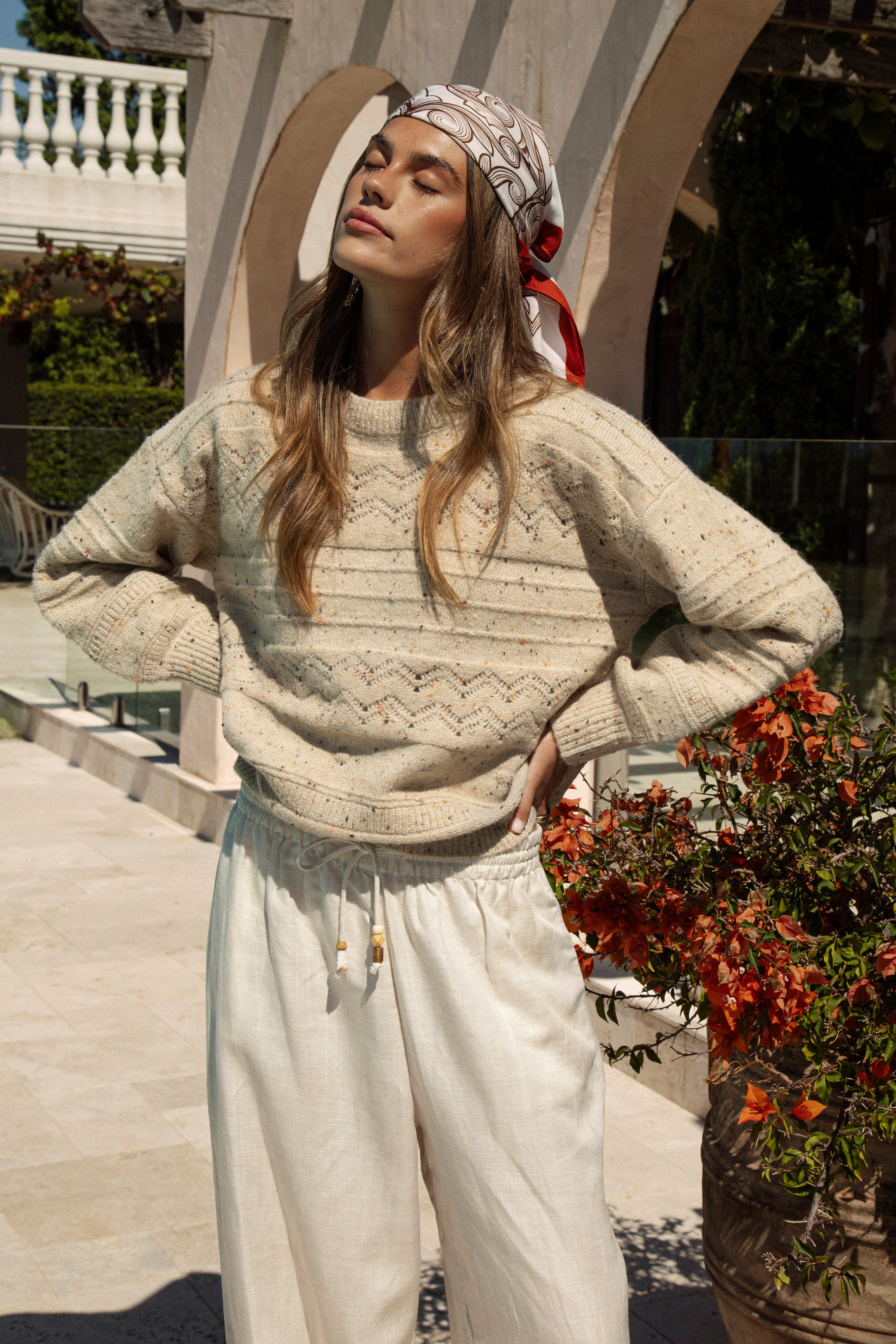 Amalfi Sweater Sand featured chunky knit style in contrasting patterns