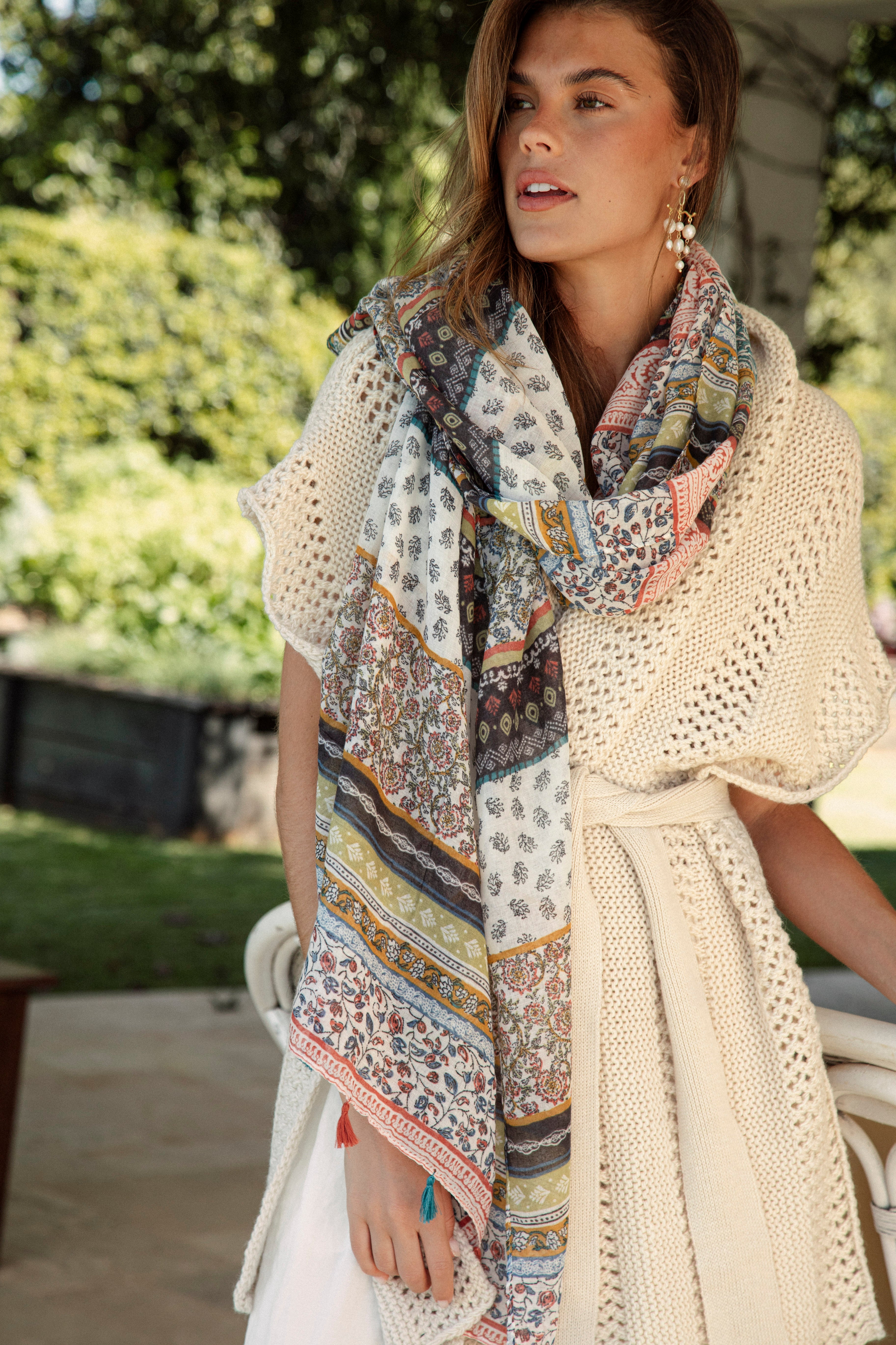 Amara Scarf Bellina showcasing Boho style pattern and tassel detail