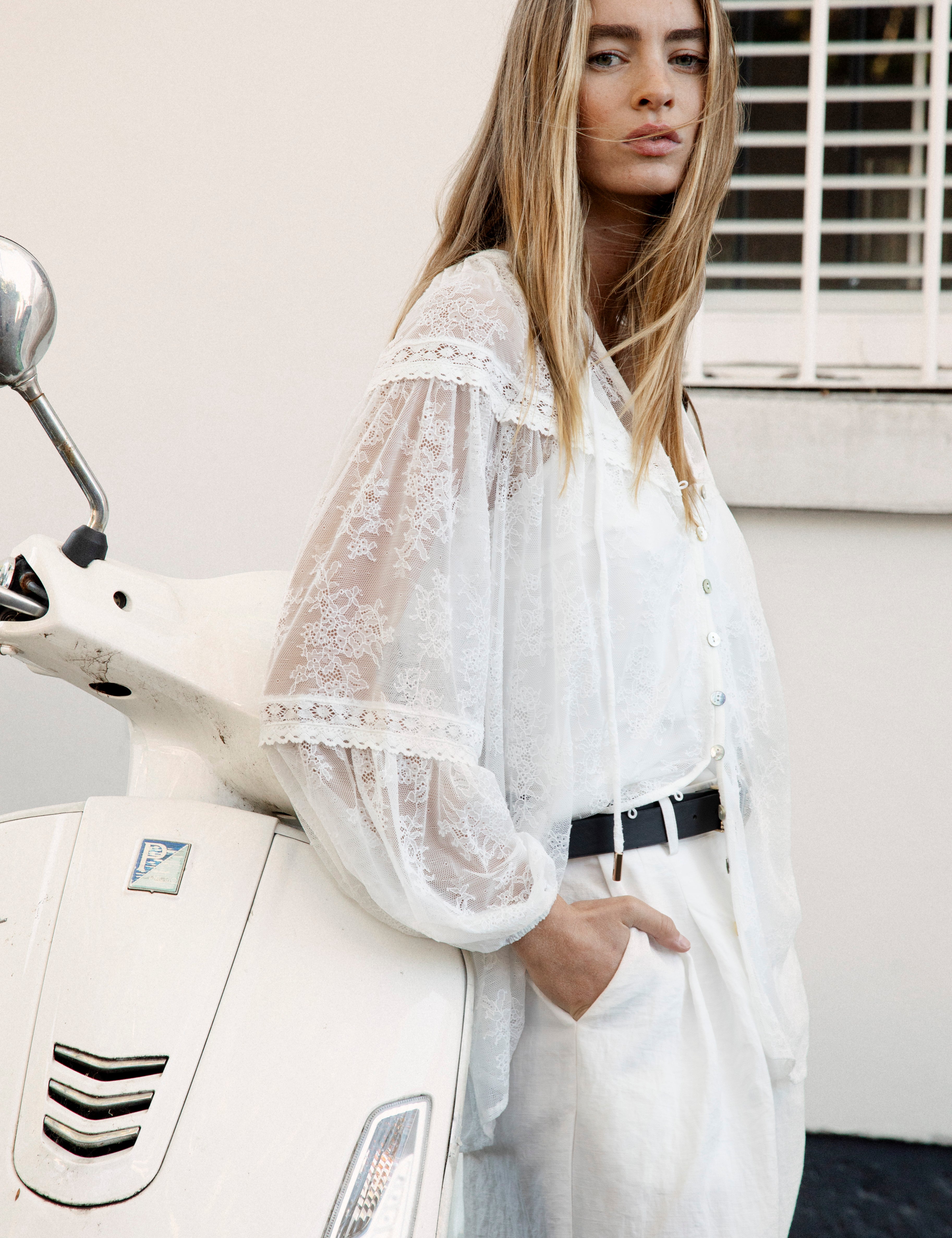 Amour Lace Blouse White - side view showcasing billowy sleeves and lace details