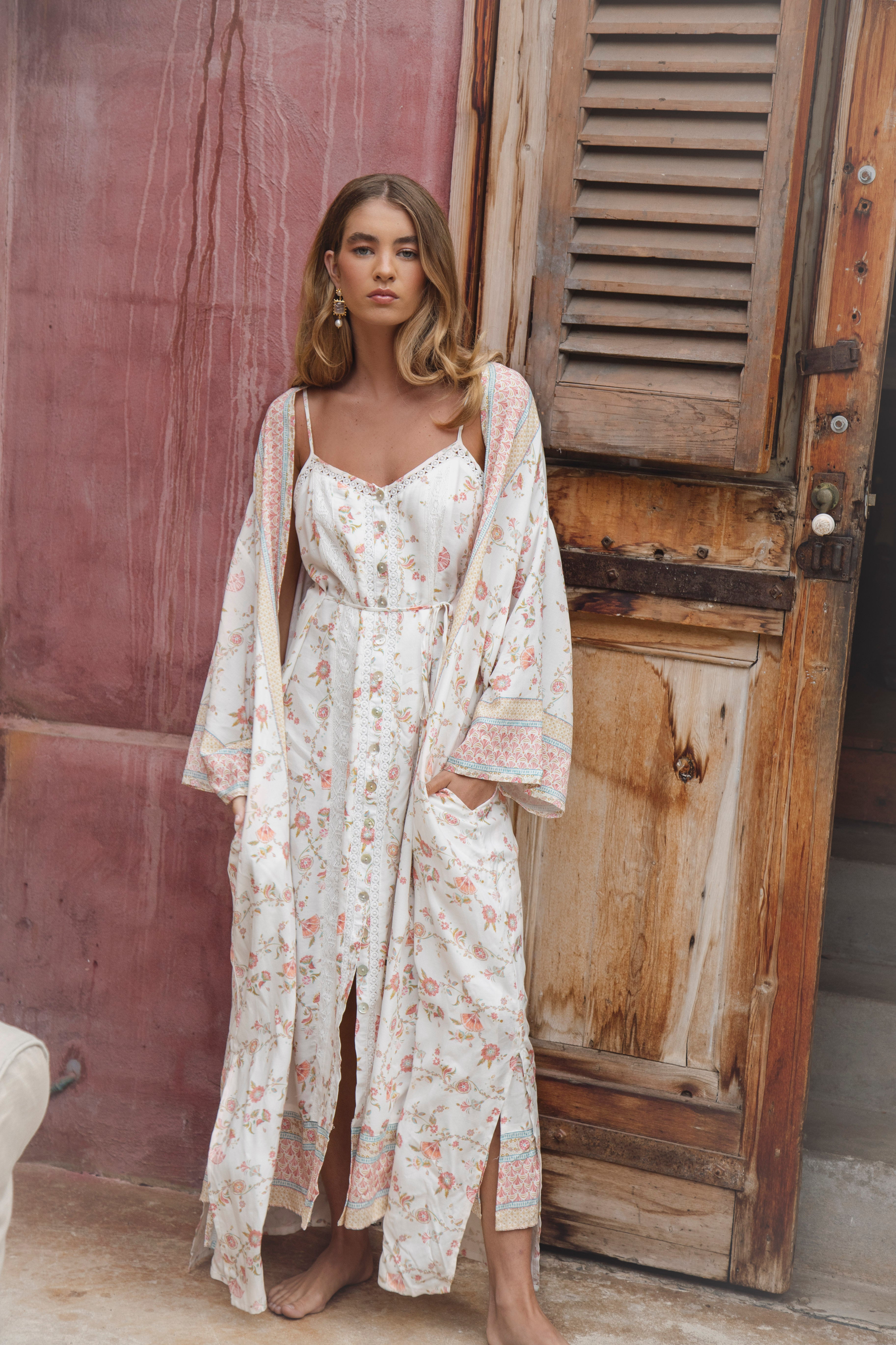 Antique Pearl Kimono Delilah  worn with Antoinette Slip Dress
