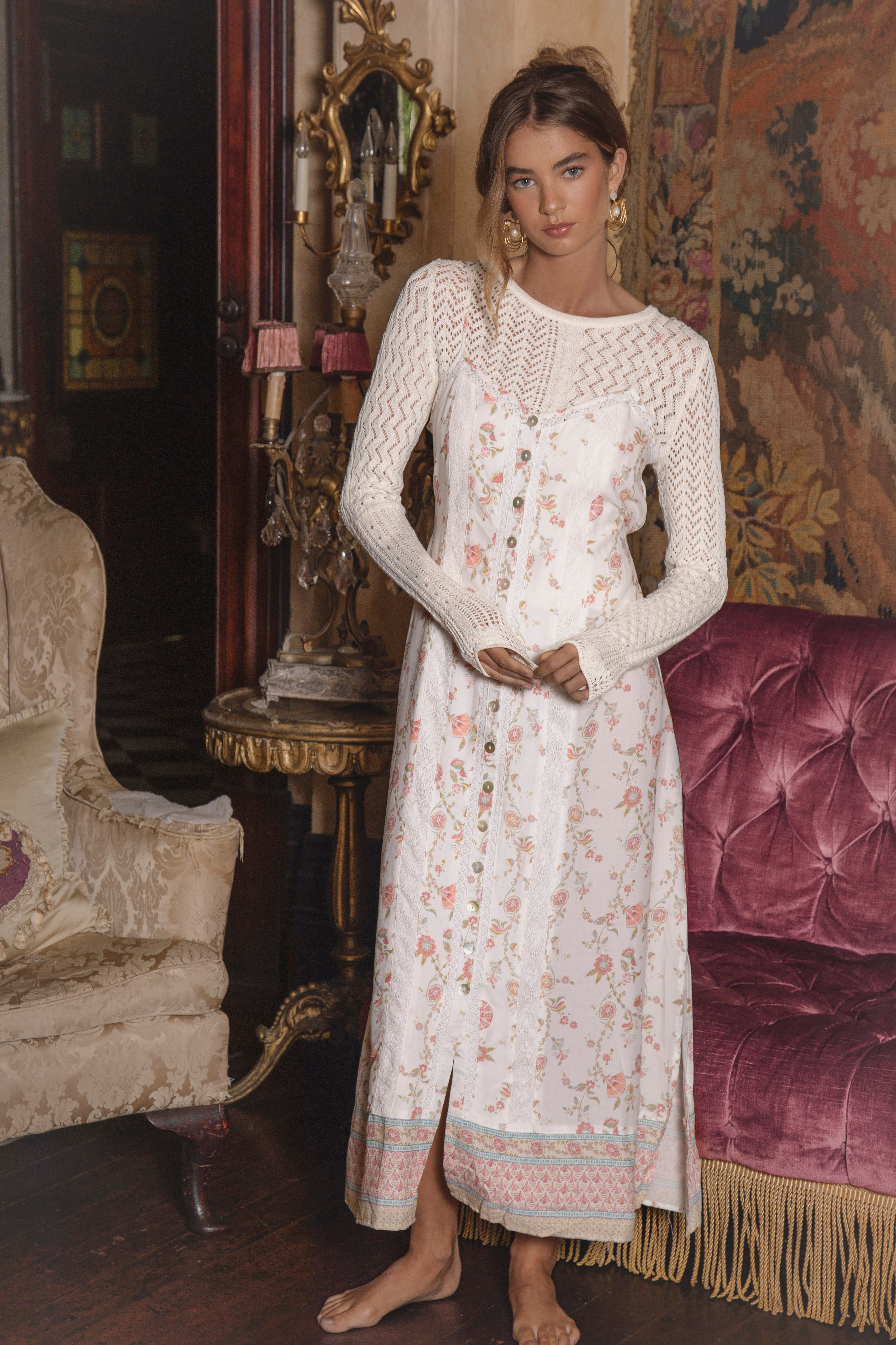 Antoinette Slip Dress Delilah - delicate Boho style slip dress styled with layered knit.