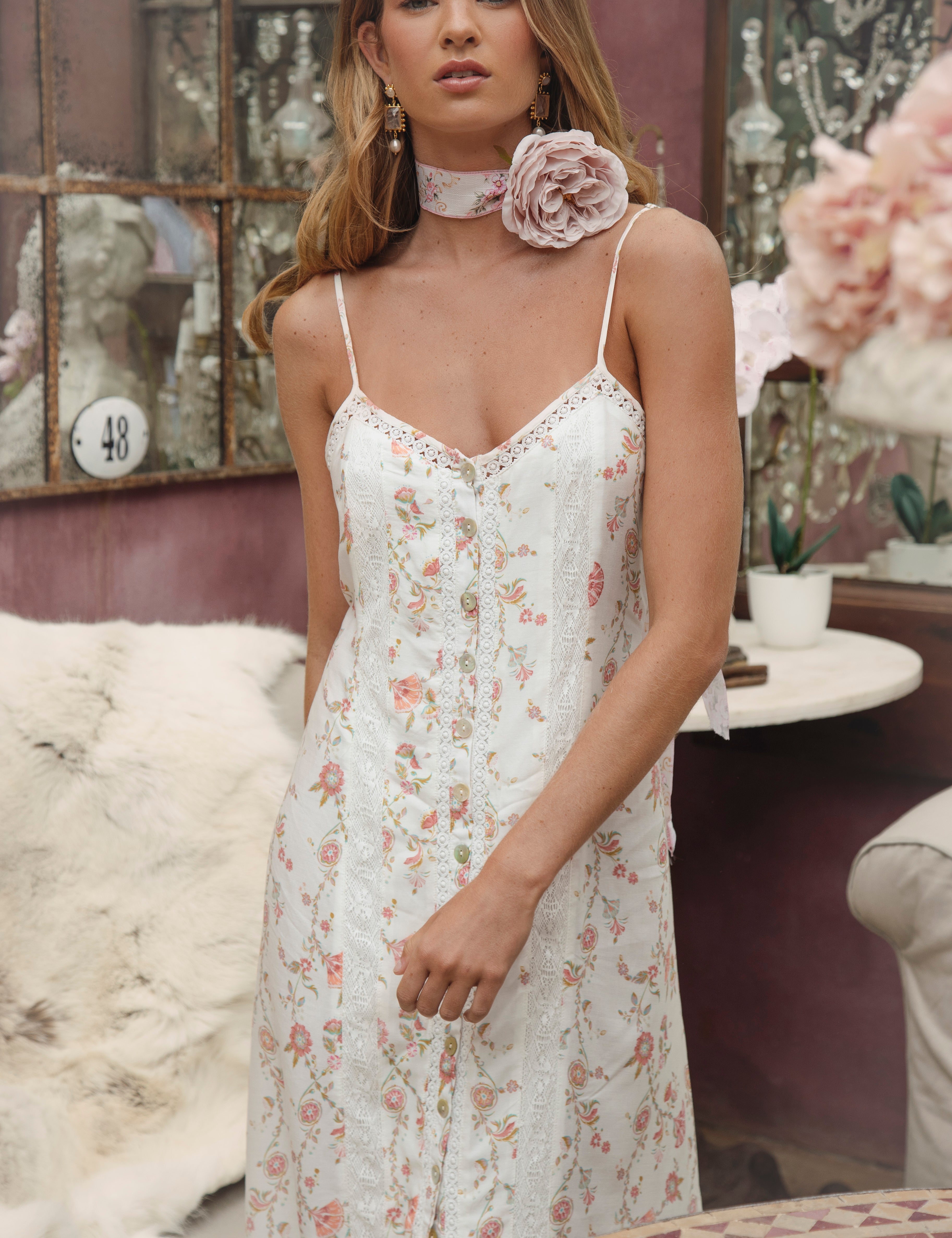 Antoinette Slip Dress Delilah - featuring delicate lace trim