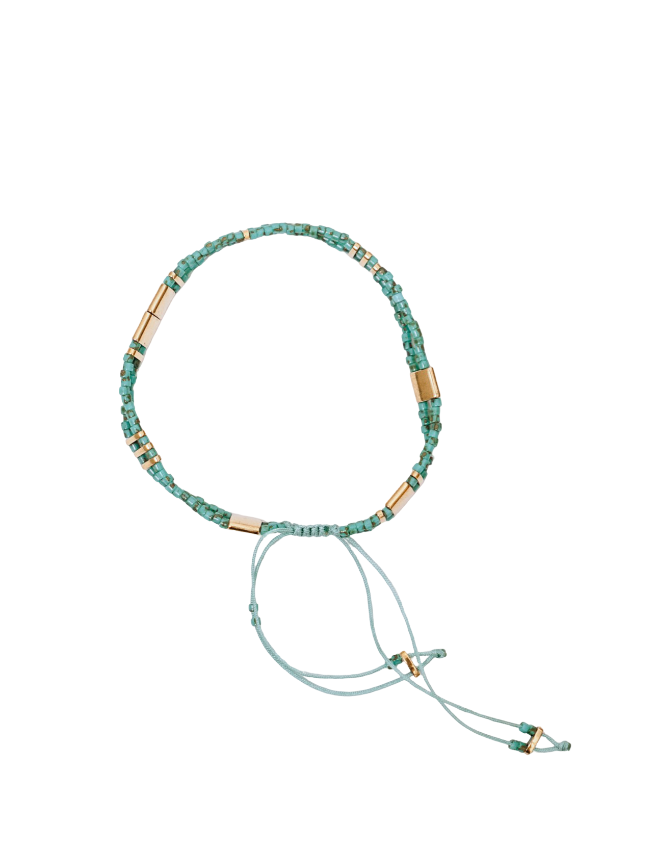 Beaded necklace with green and gold beads on a white background