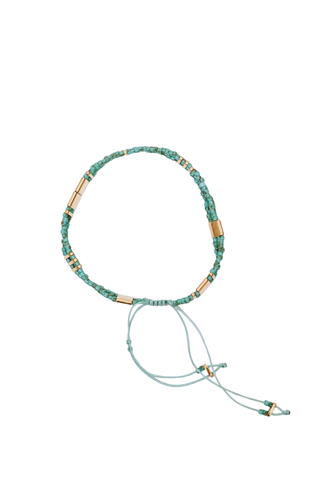 Beaded necklace with green and gold beads on a white background