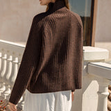 Arlo Jumper Chocolate - rear view showcasing high neckline and brown colourway