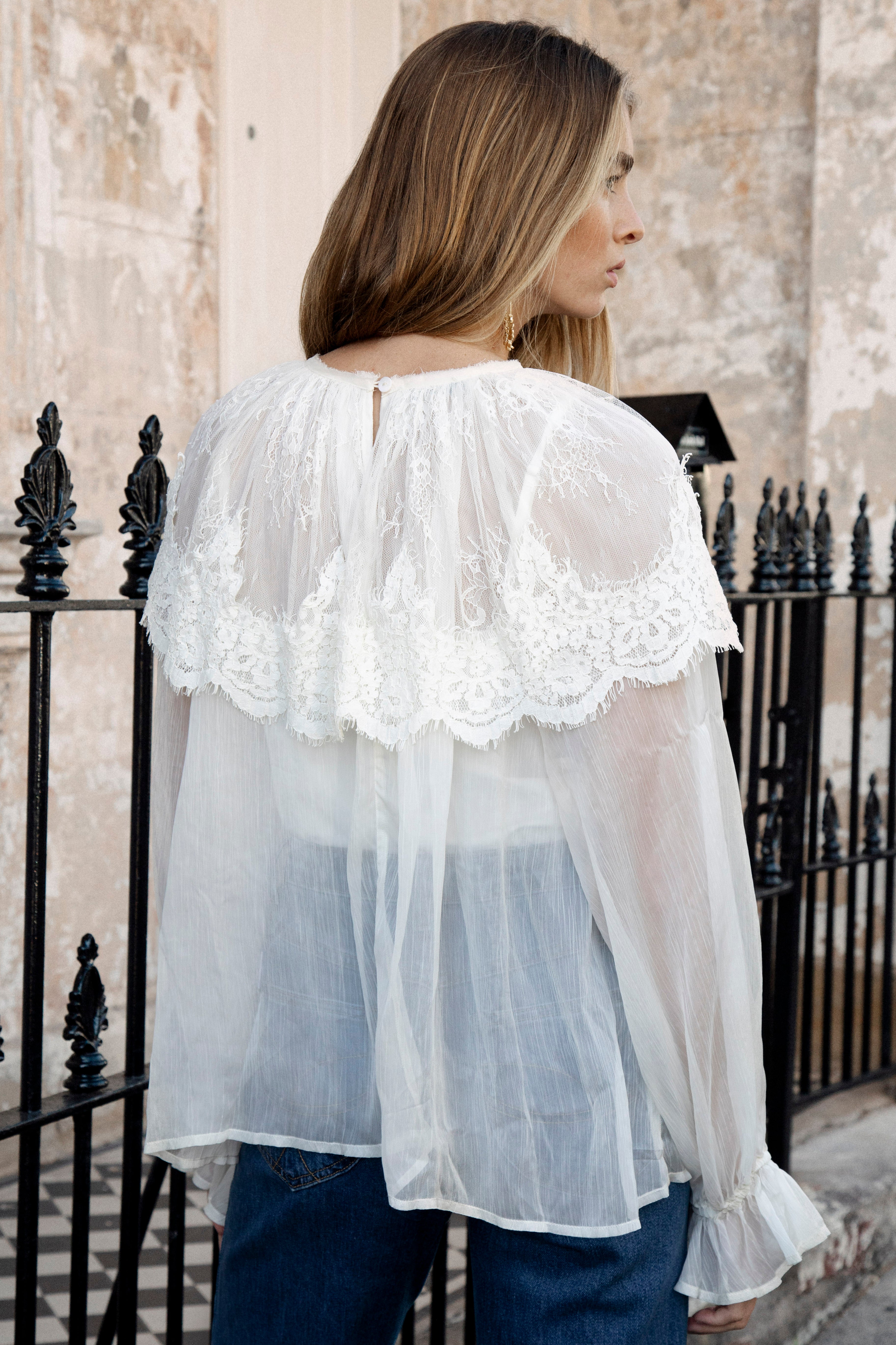 Atelier Ruffle Lace Blouse White- rear view showcasing lace frill detail