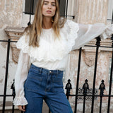 Atelier Ruffle Lace Blouse White worn with Paris Vintage Jean