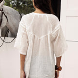 Atti Blouse. Rear View. Delicate white blouse with dropped yoke at rear and lace details.
