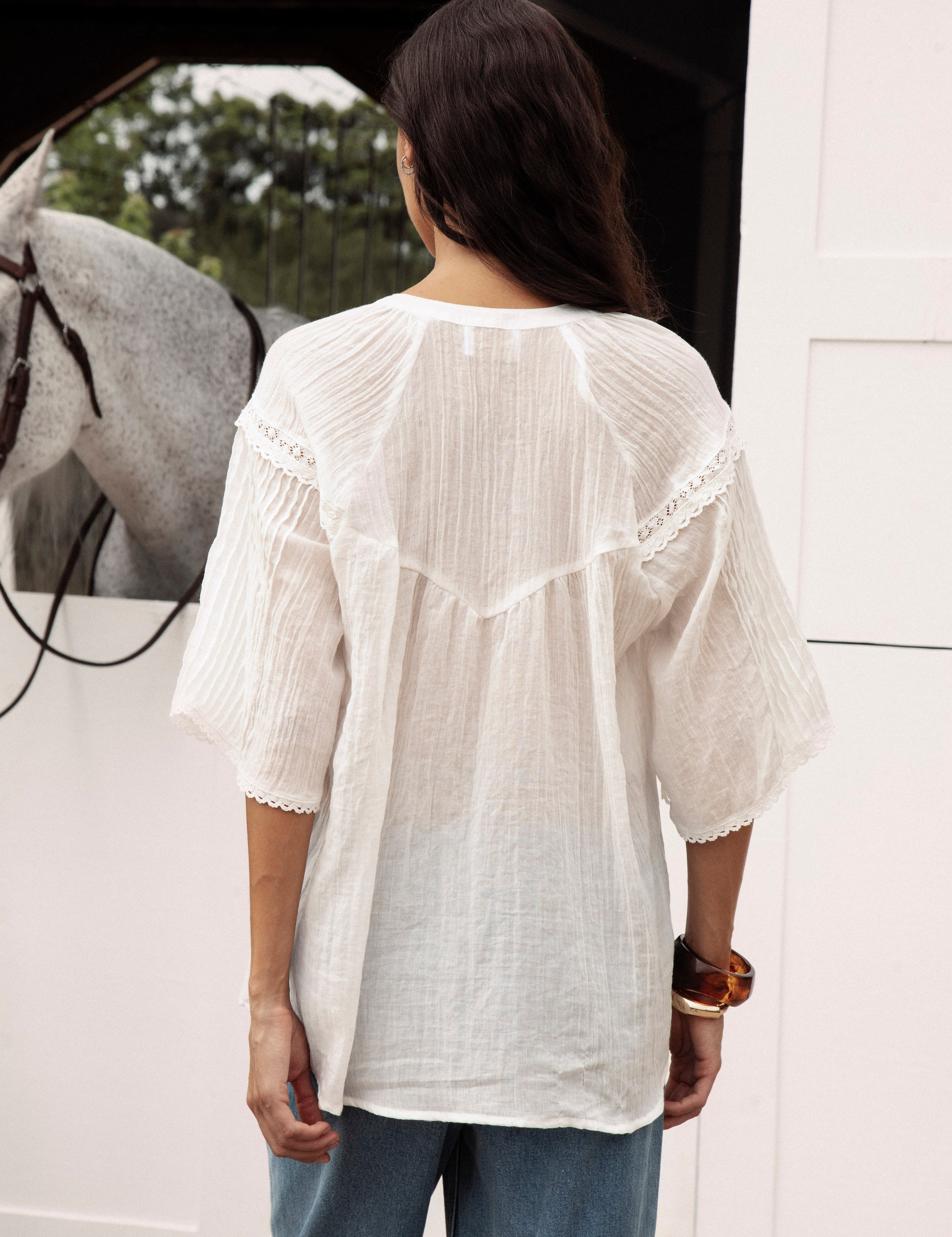 Atti Blouse. Rear View. Delicate white blouse with dropped yoke at rear and lace details.