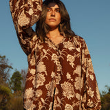 Aurora Blouse Desert Muse - Boho style blouse with floral pattern on brown colourway